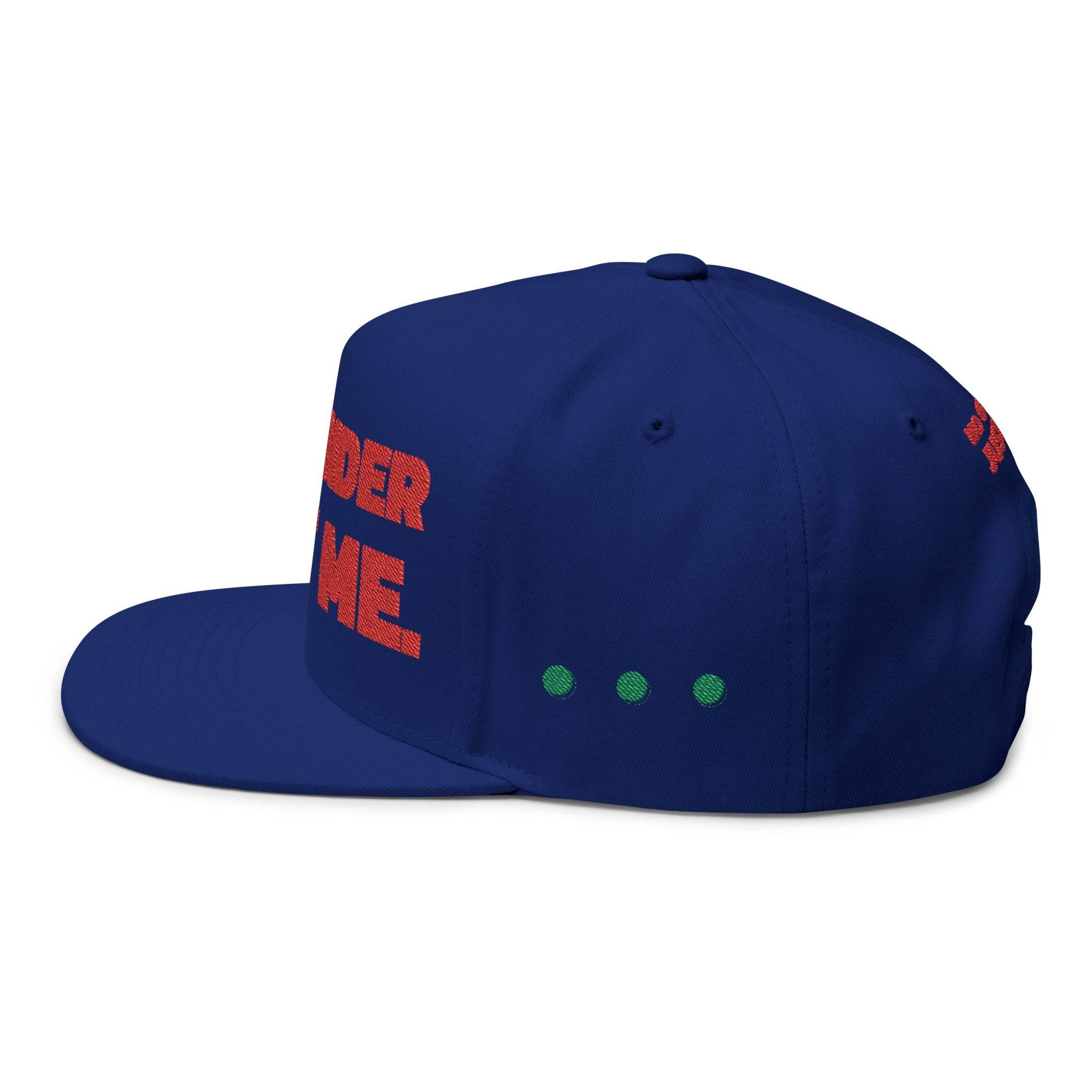 Navy Printify sustainable flat bill cap with red and green graphic accents on side