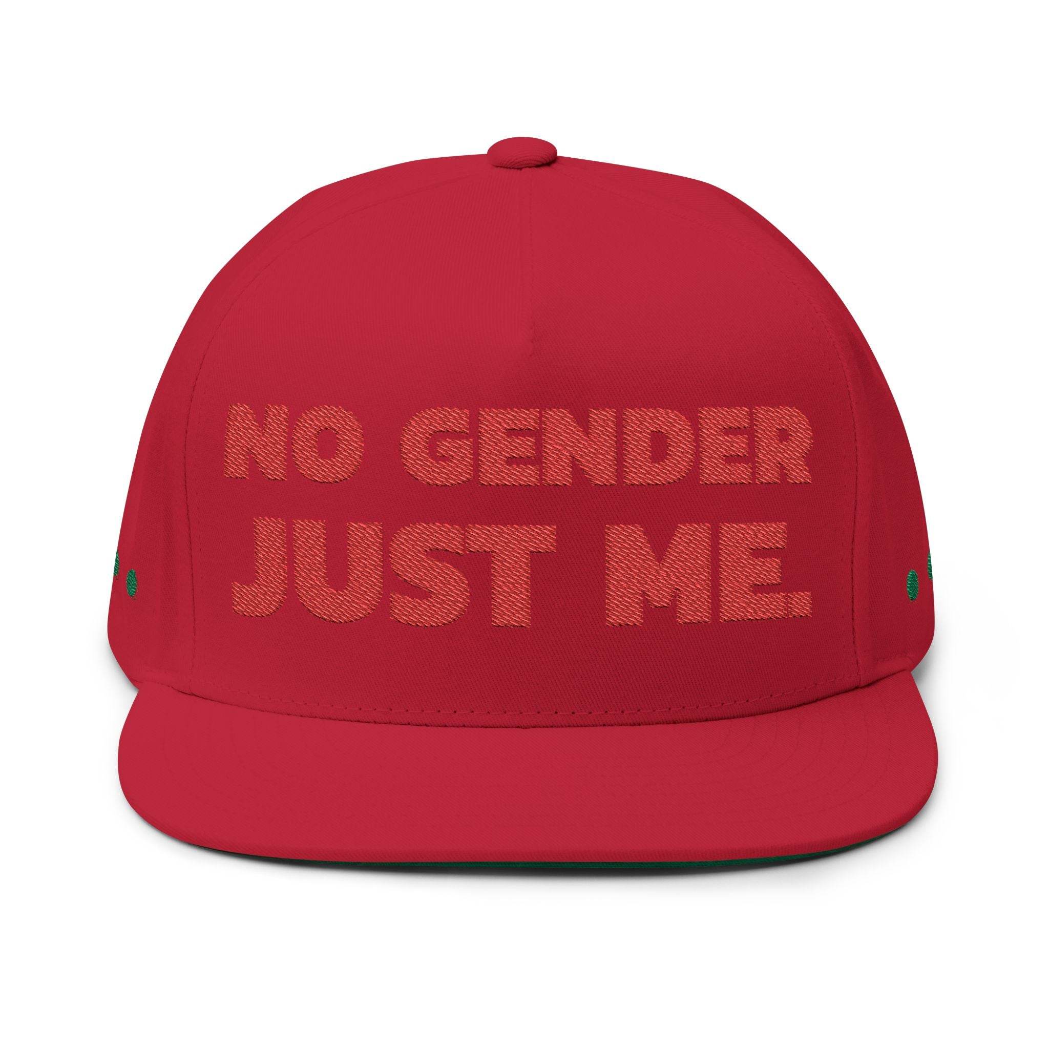 Red sustainable flat bill cap from Printify with No Gender Just Me embroidered text