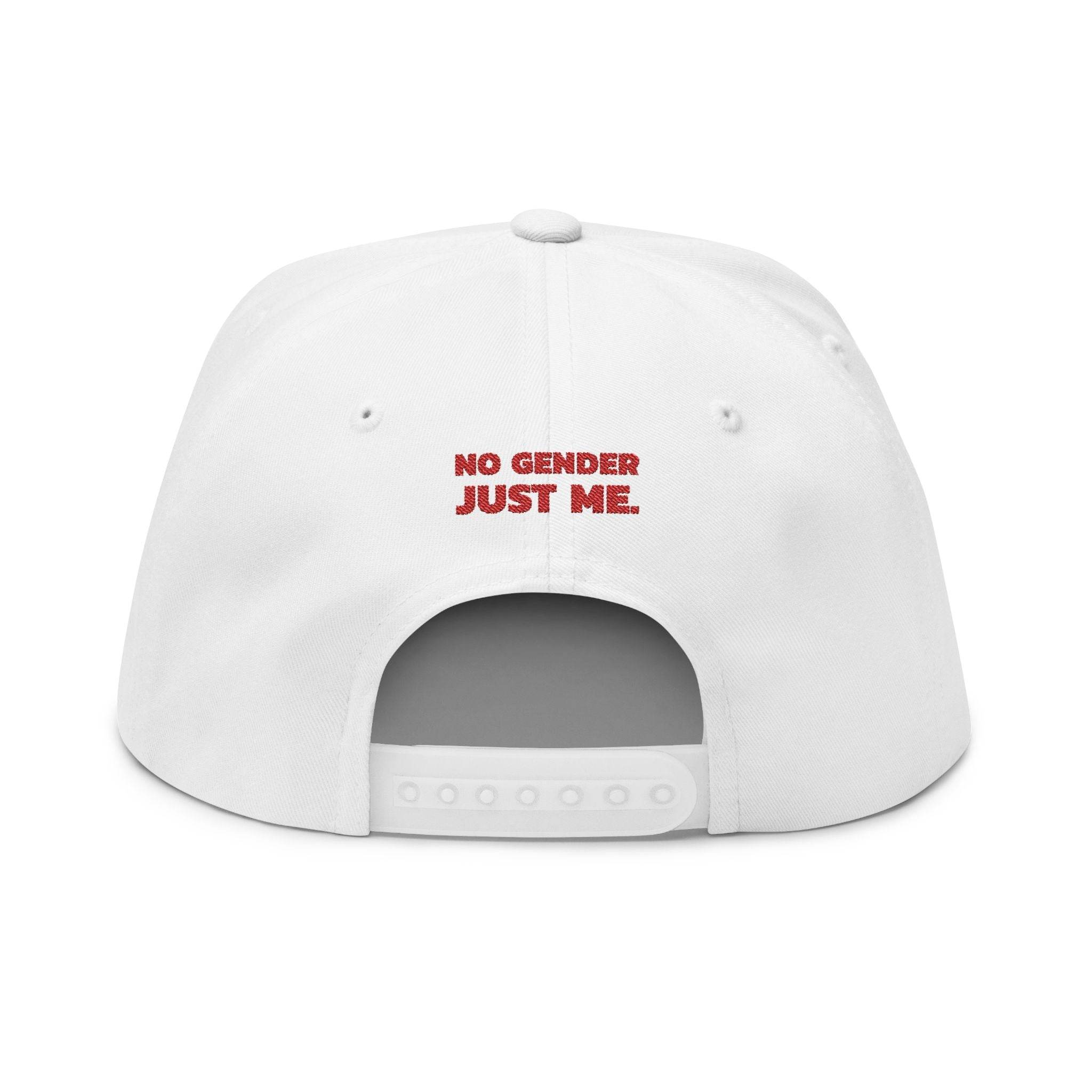 White sustainable flat bill cap from Printify with adjustable snapback and No Gender Just Me embroidery
