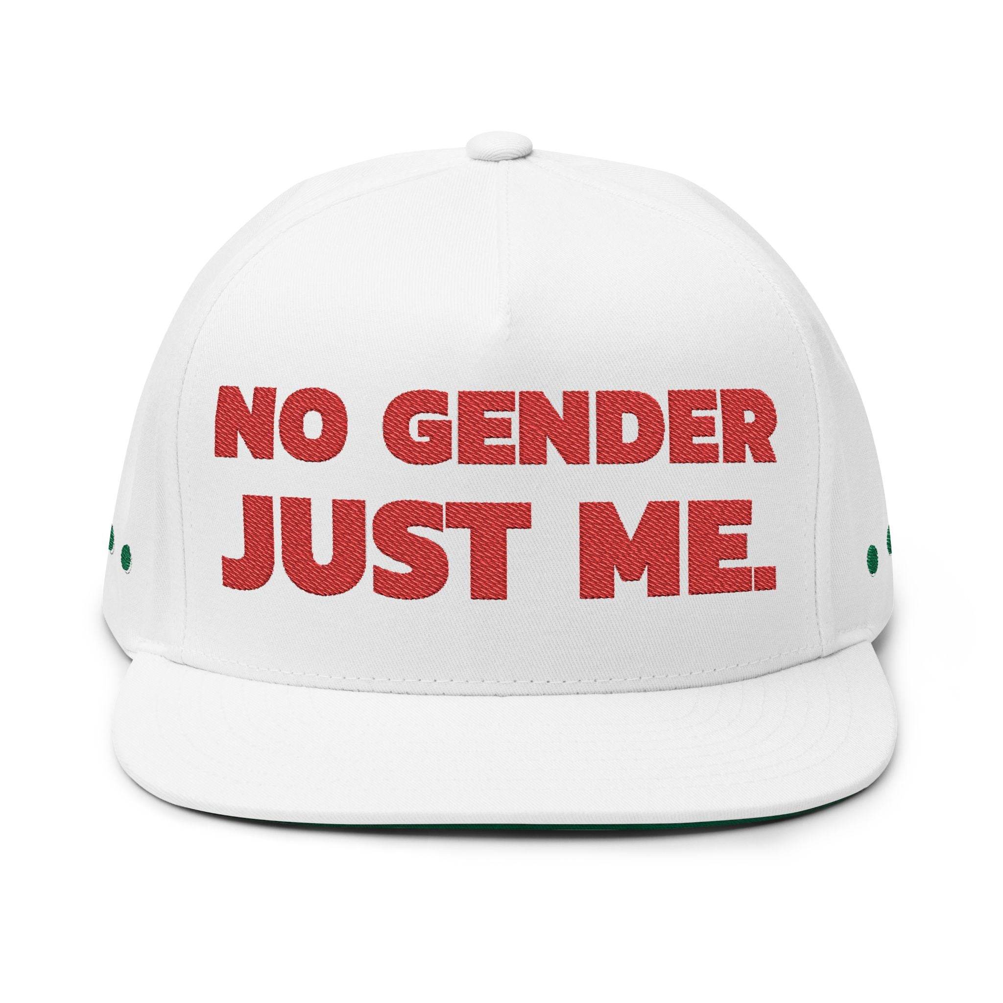 White sustainable flat bill cap with red No Gender Just Me text on front by Printify