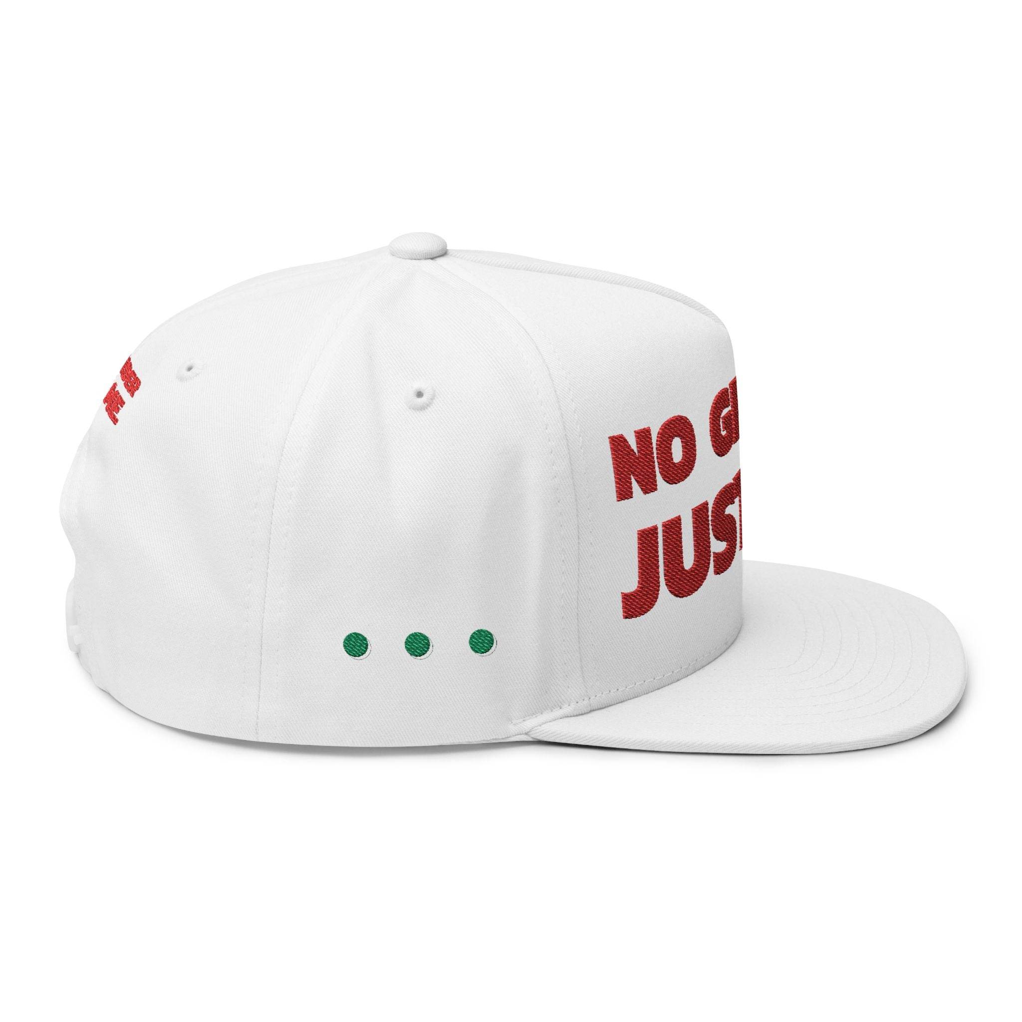 White sustainable flat bill cap with red text design and green dot accents by Printify