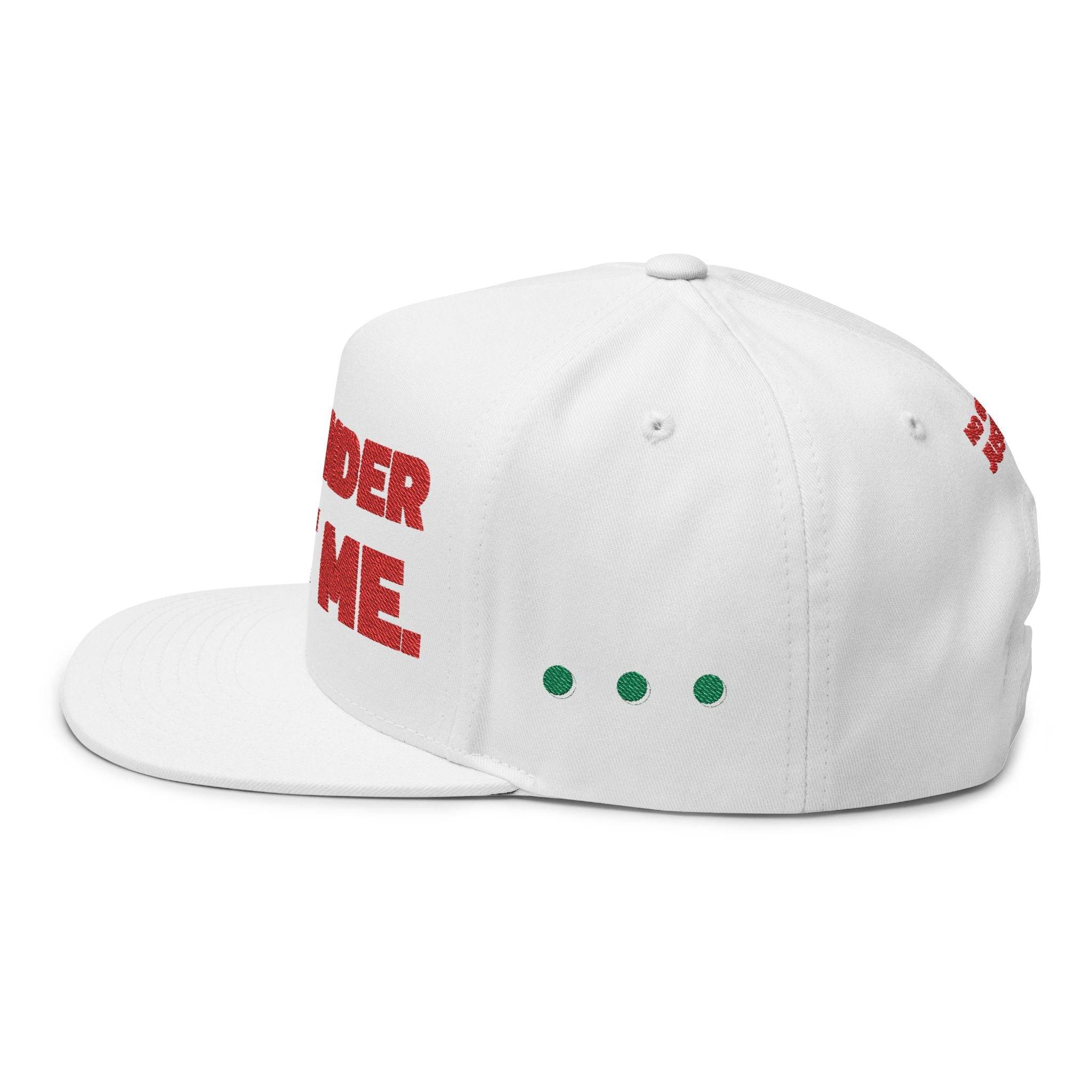 White Printify sustainable flat bill cap with red text and green dot design on the side