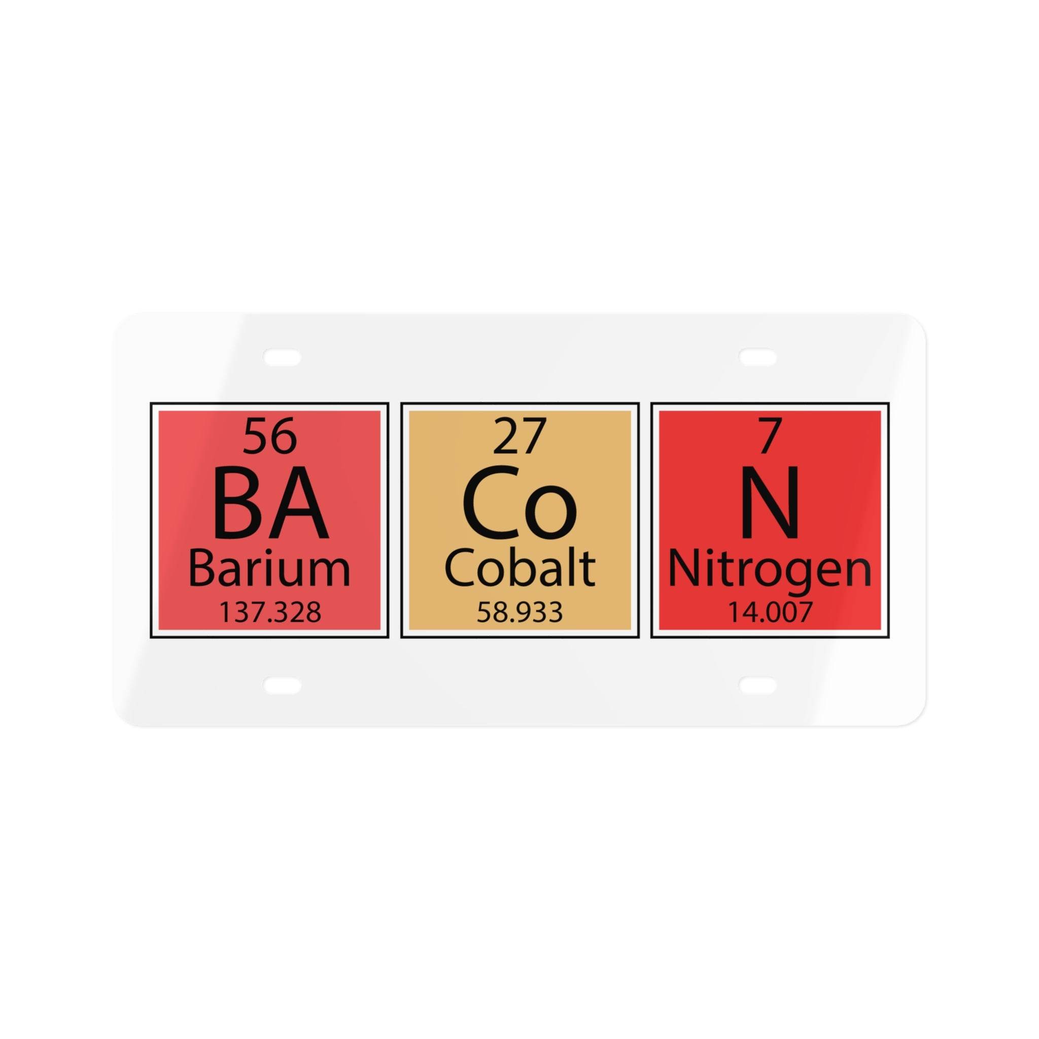 Printify novelty license plate with Barium Cobalt Nitrogen elements design in colorful periodic table style