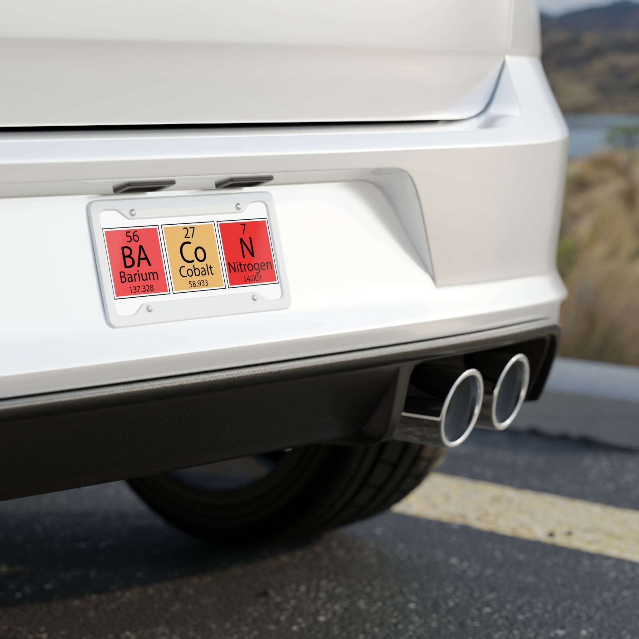 Printify novelty license plate on white car rear bumper with chemical element design