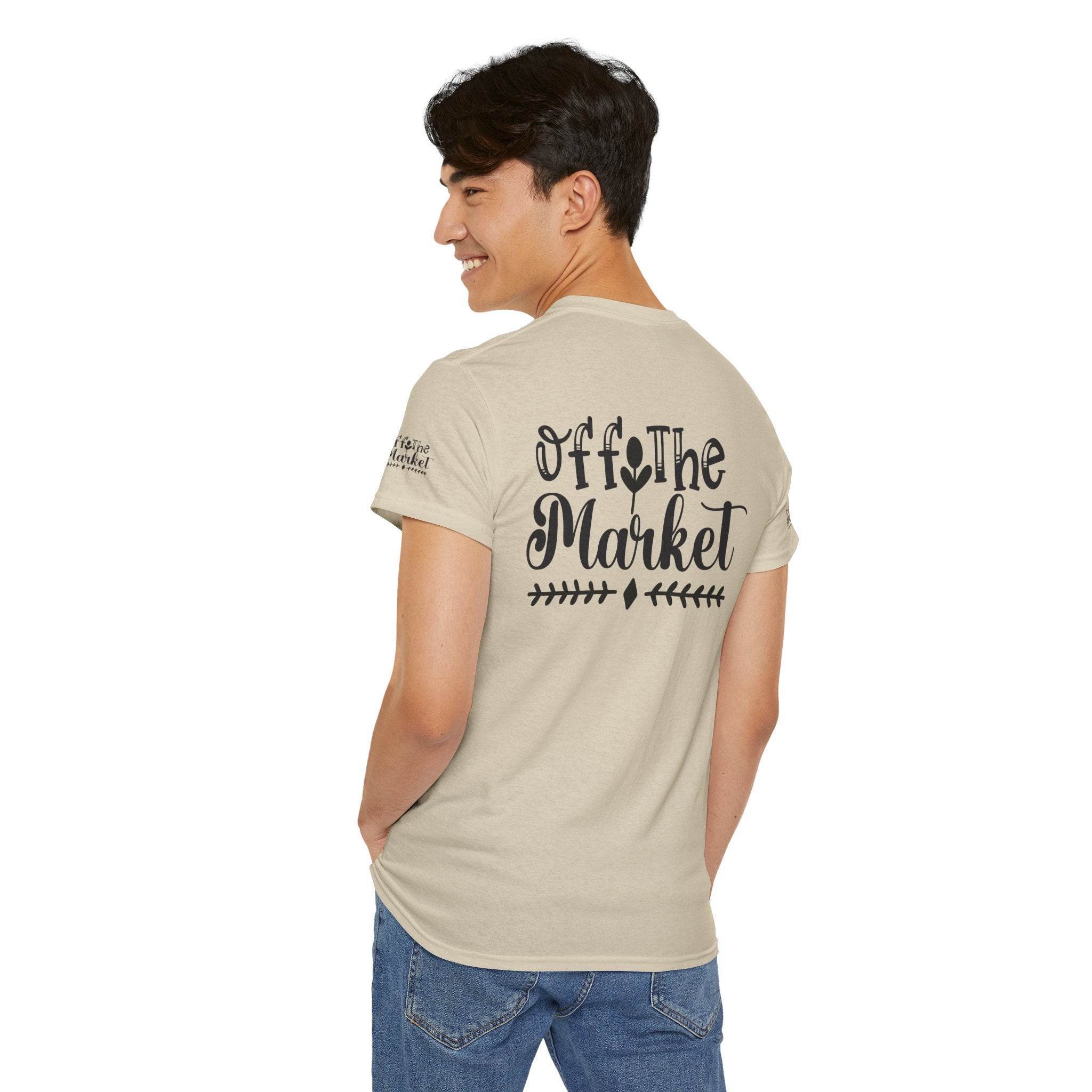 Printify eco-friendly unisex t-shirt beige with Off The Market back print worn by smiling male