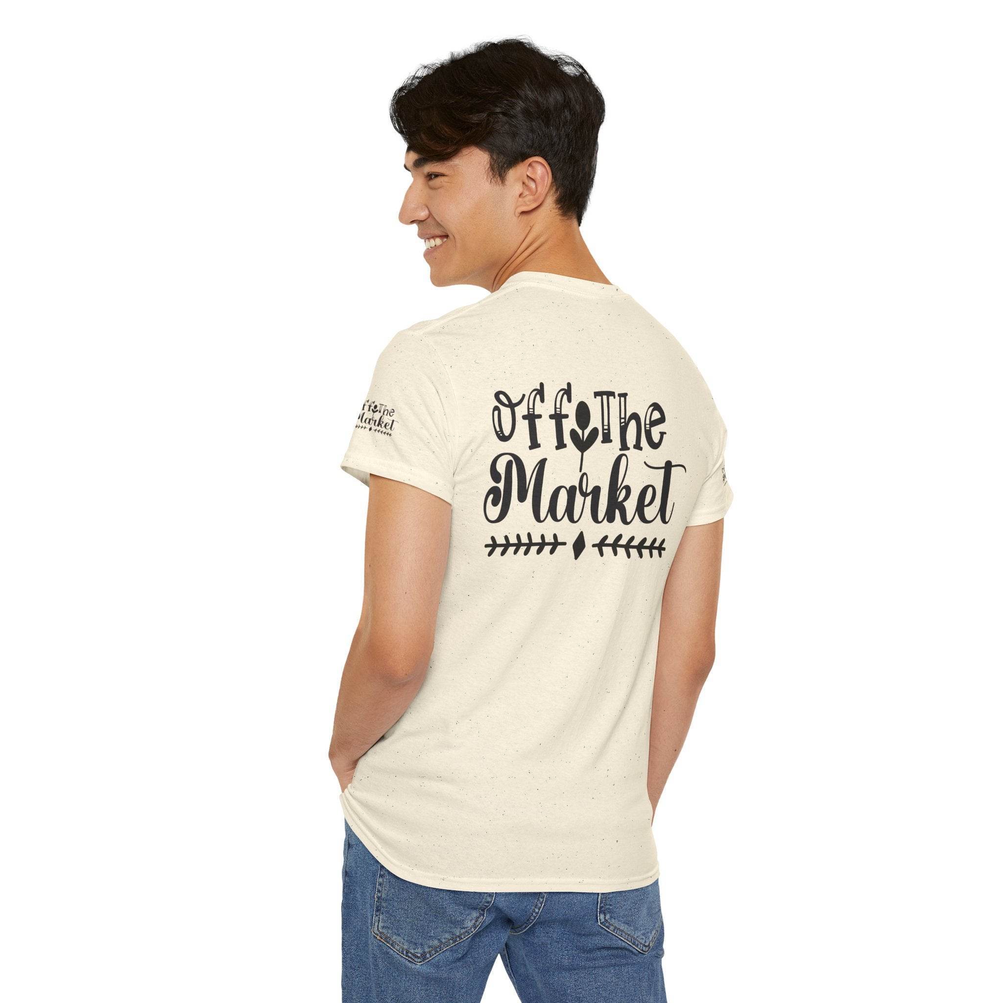 Printify eco-friendly unisex t-shirt in cream with back Off the Market graphic on a male model