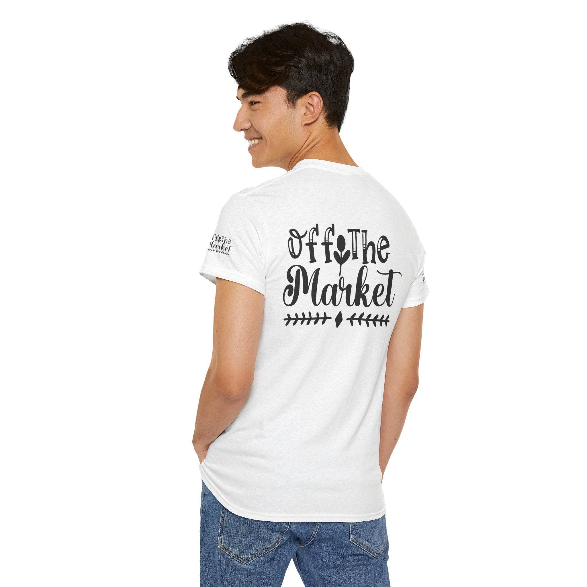 Printify model wearing white eco-friendly unisex t-shirt with Off The Market black back print smiling