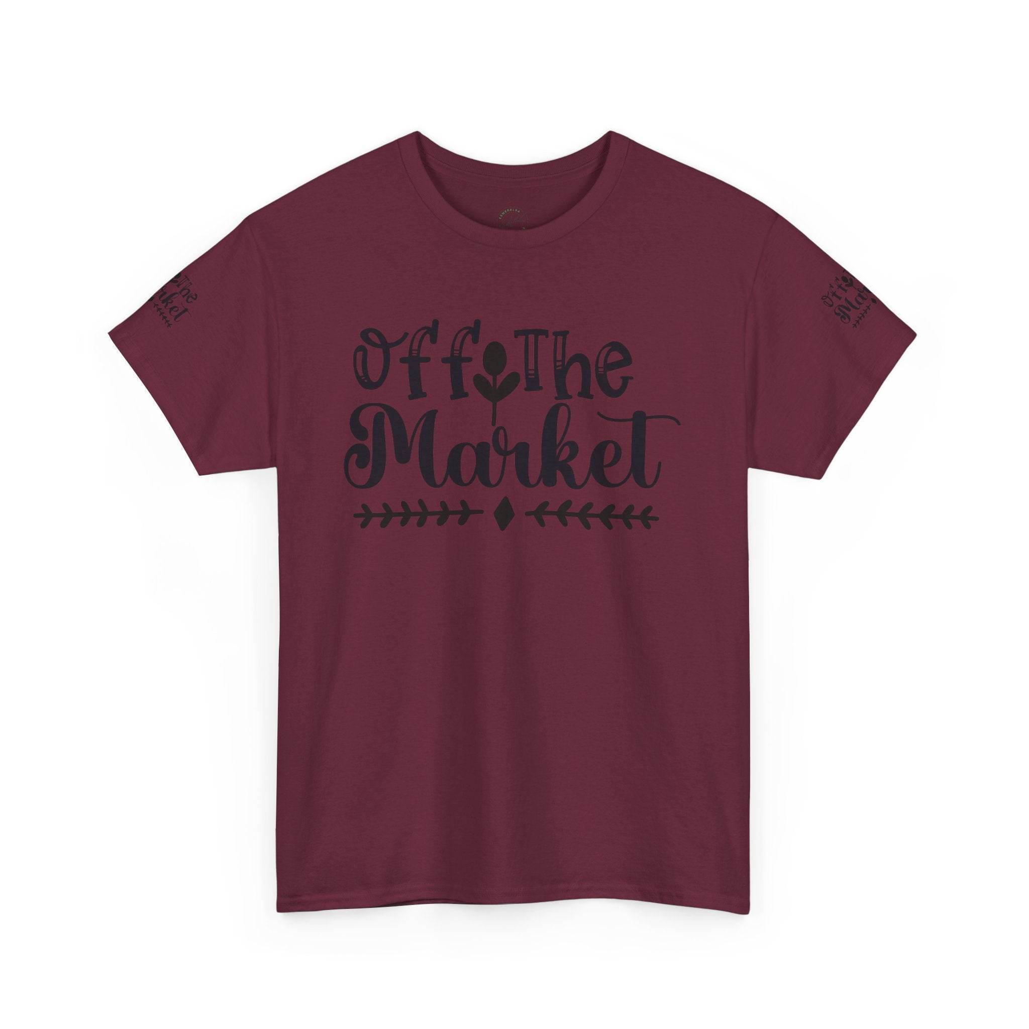 Maroon Printify eco-friendly unisex t-shirt with black Off the Market script and small sleeve logos