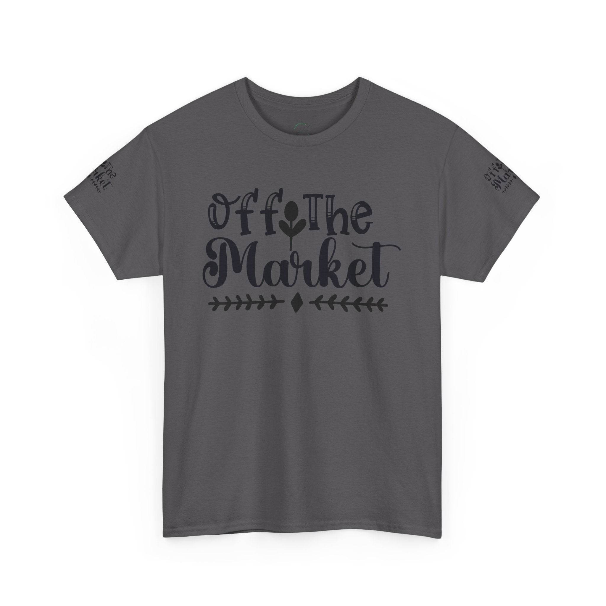 Printify charcoal gray tee with Off the Market script design, comfortable eco-friendly unisex t-shirt for everyday casual wear