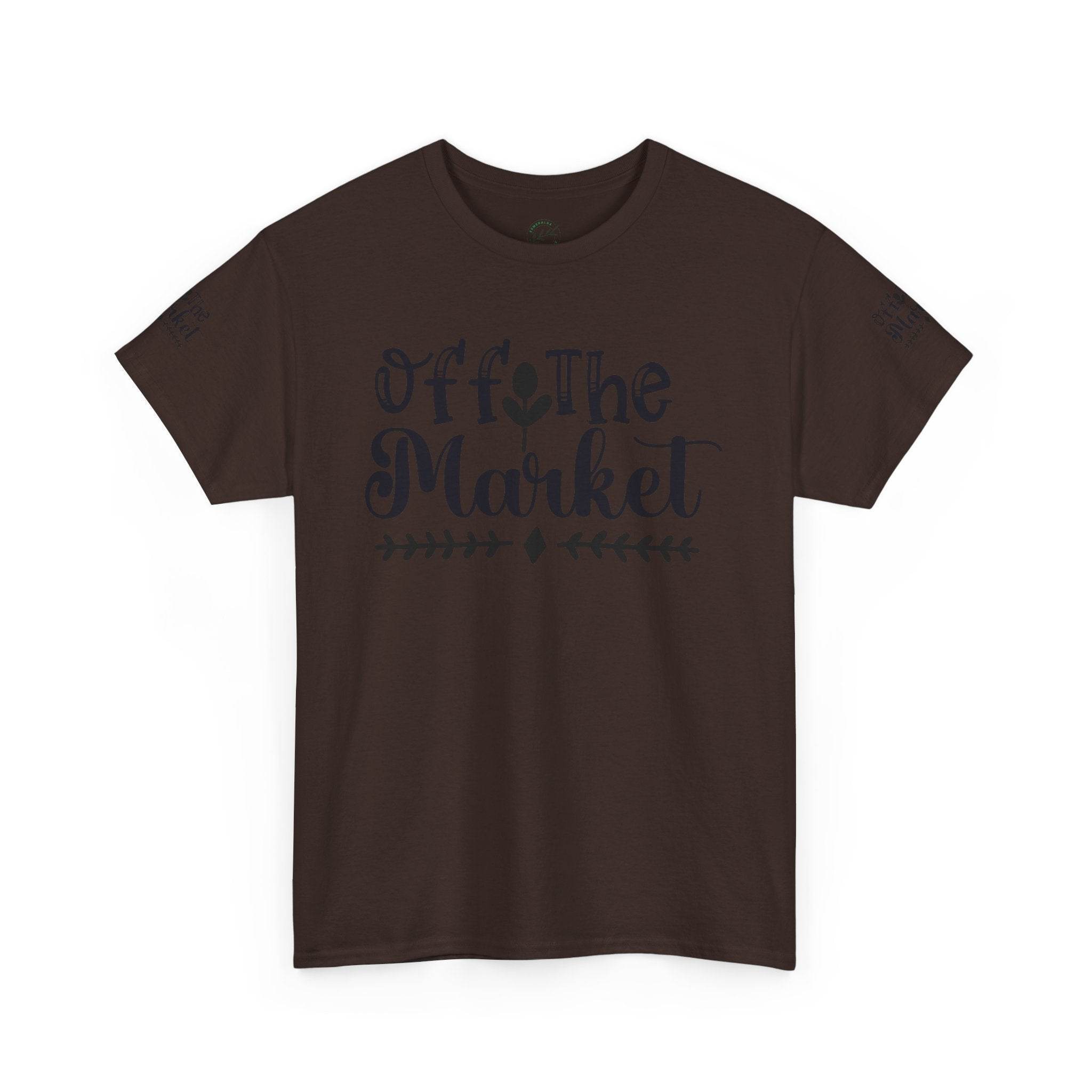 Printify brown eco-friendly unisex t-shirt with Off the Market script print casual short sleeve tee