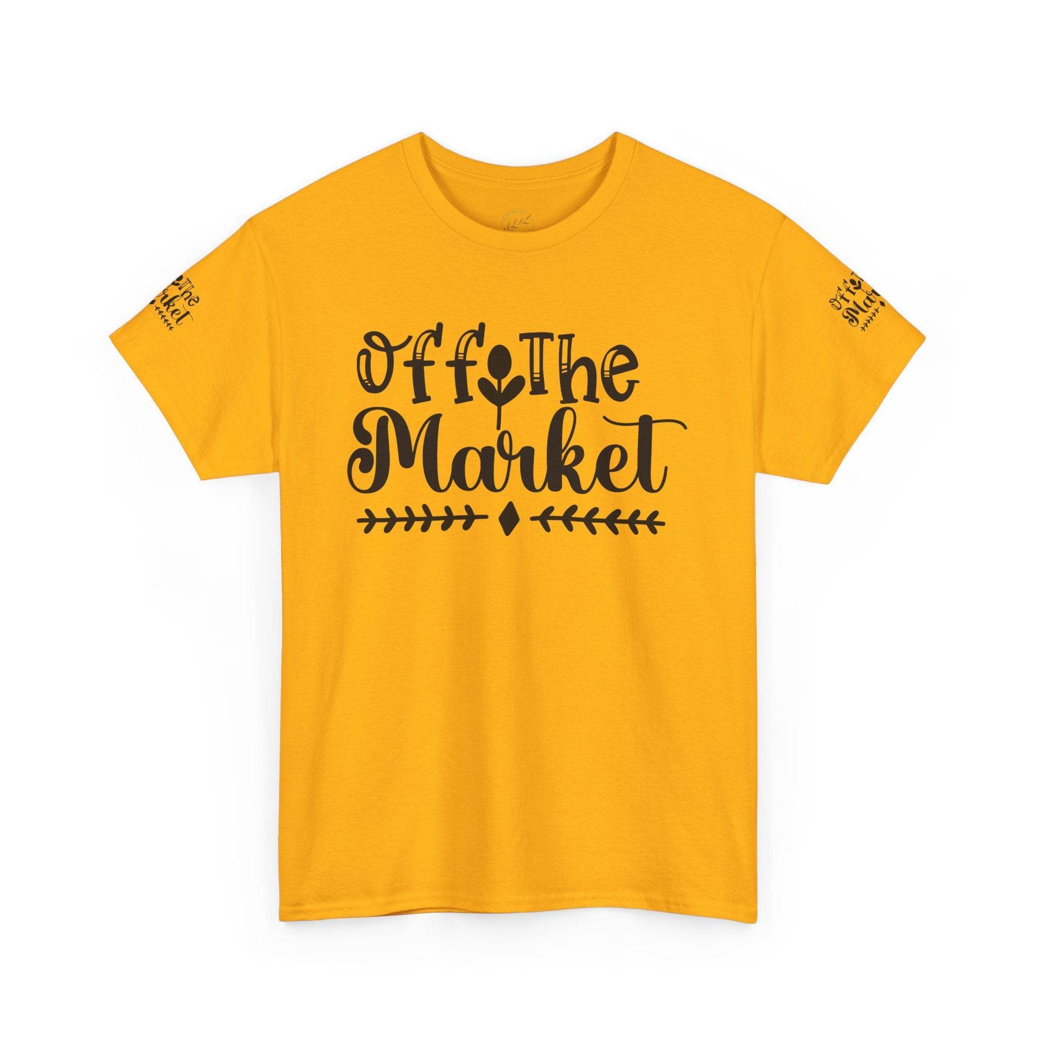 Yellow Printify eco-friendly unisex t-shirt with black Off the Market script and decorative leaf design