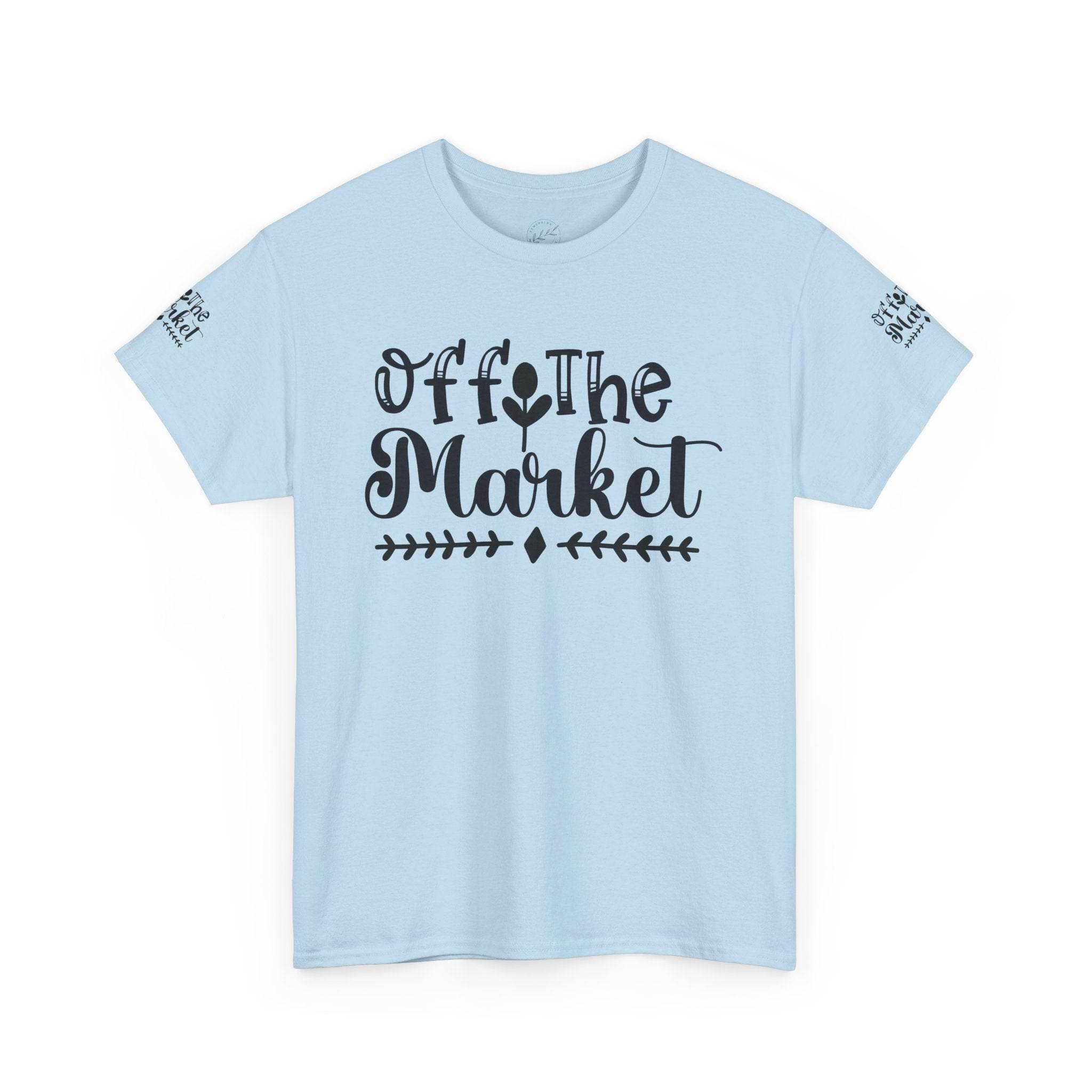 Printify light blue tee with Off The Market script and sleeve logos eco-friendly unisex t-shirt