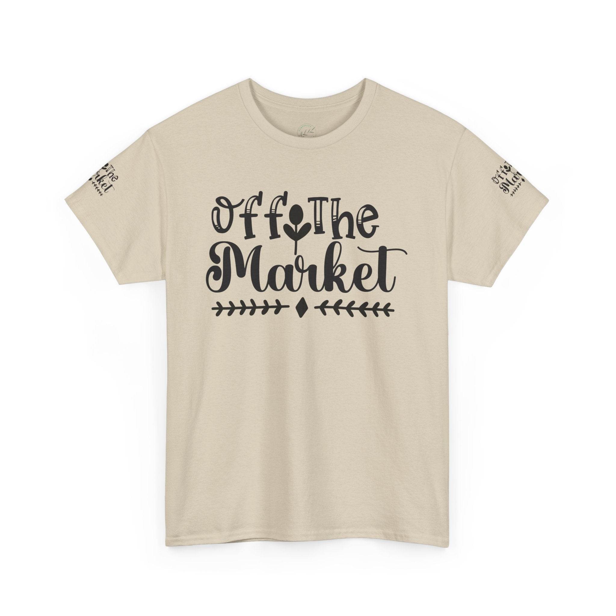 Printify beige tee with Off the Market script on front and small sleeve print eco-friendly unisex t-shirt