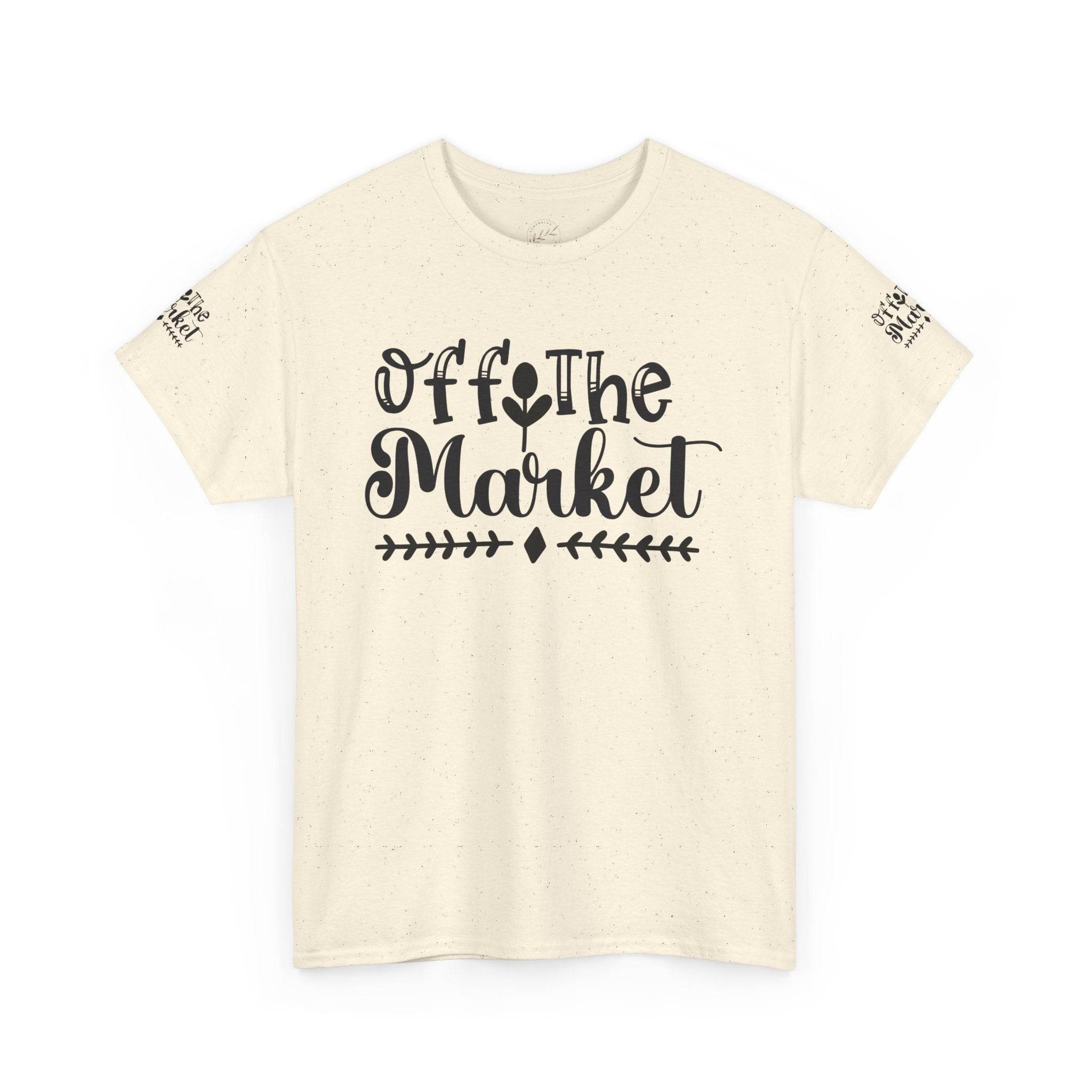 eco-friendly unisex t-shirt Printify cream speckled tee with black Off The Market script front and sleeve logo