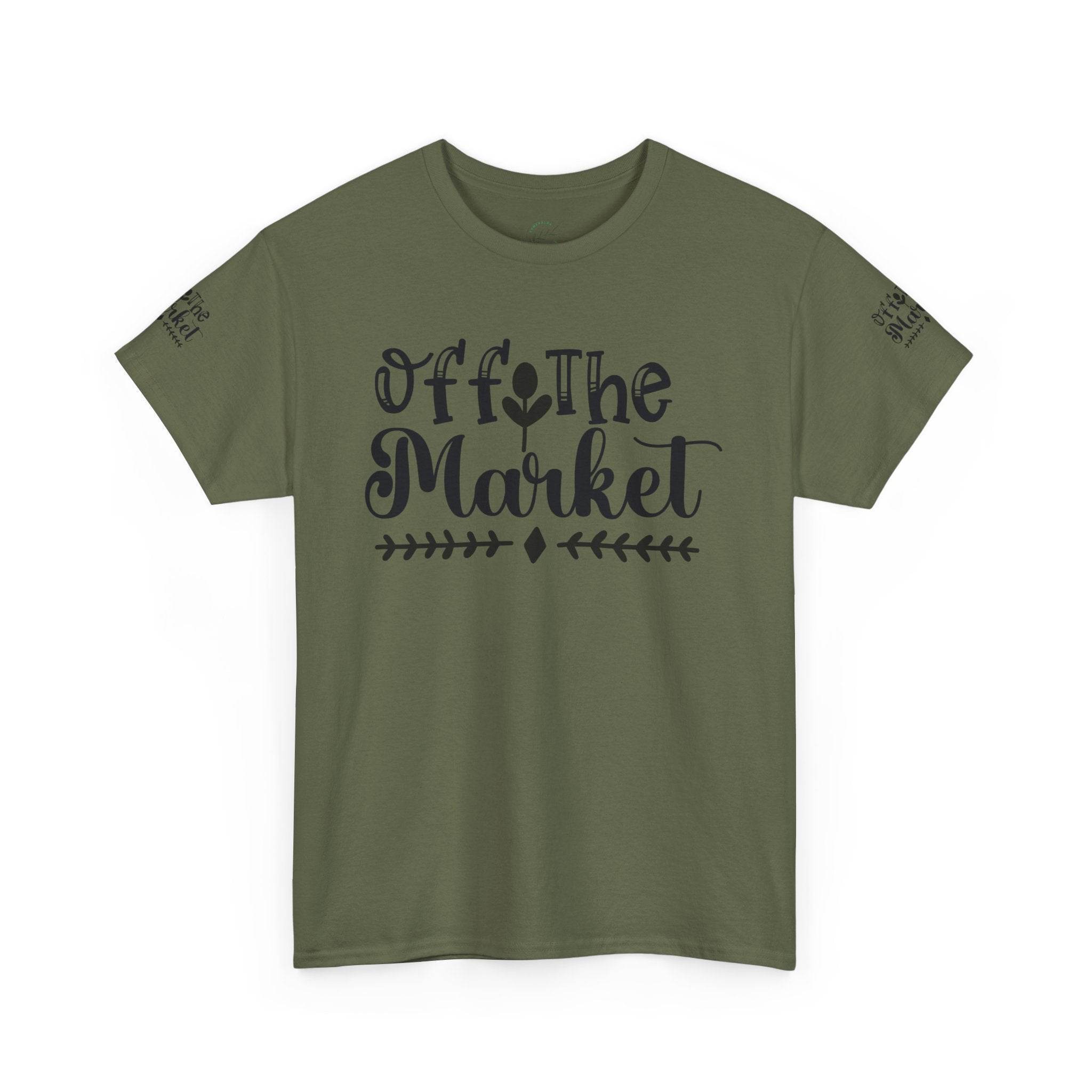 Printify eco-friendly unisex t-shirt olive green crew neck with Off the Market script graphic ideal for casual wear
