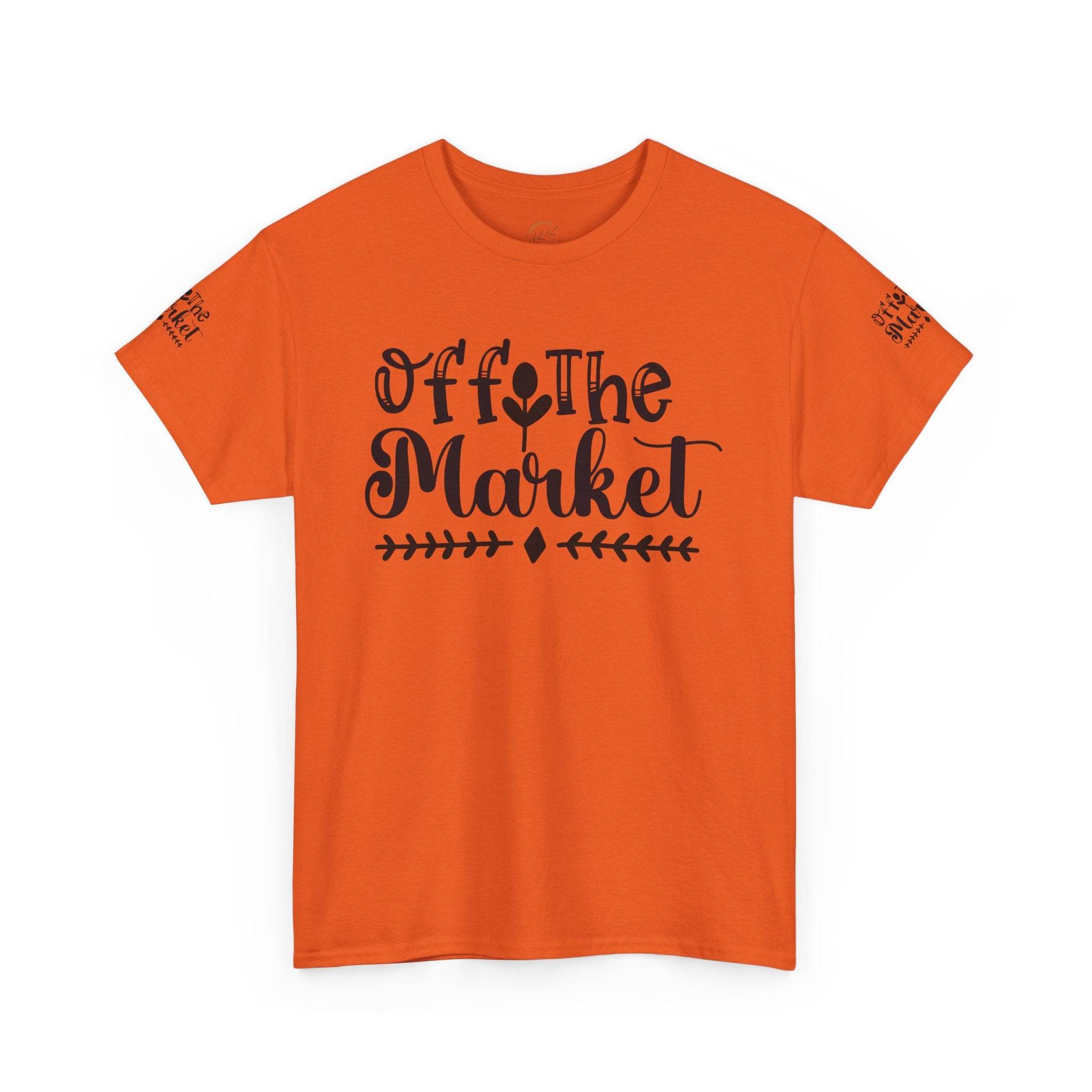 Printify orange t shirt with black Off the Market script on front lightweight soft eco-friendly unisex t-shirt for casual wear