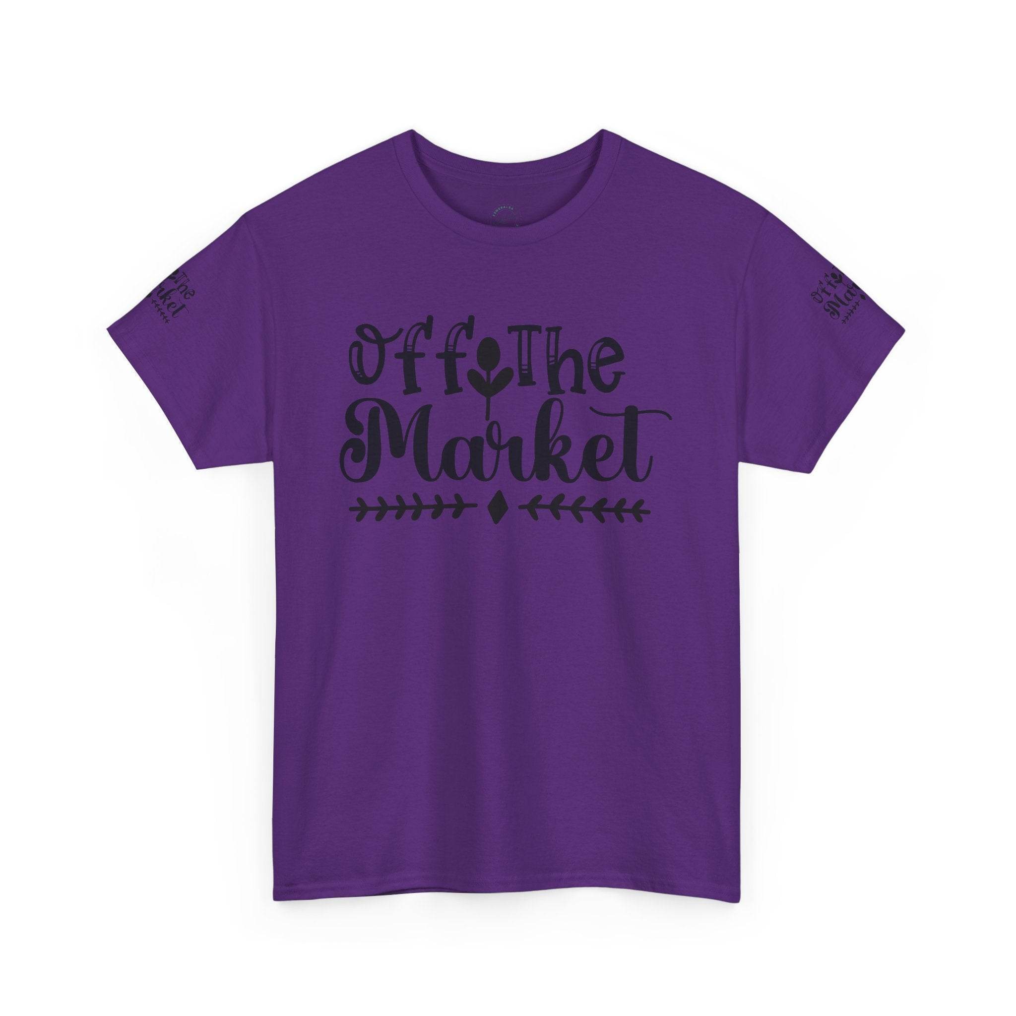 Printify purple t shirt with Off the Market black script front design crew neck casual fit eco-friendly unisex t-shirt
