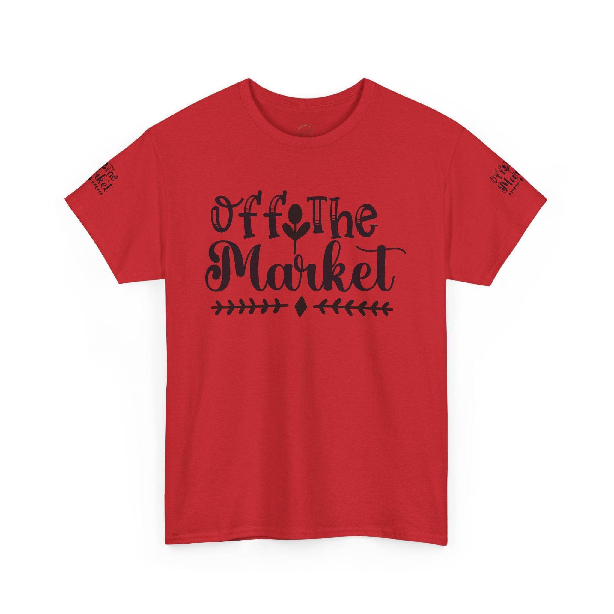 Red Off the Market graphic tee with black script front print and sleeve logos by Printify eco-friendly unisex t-shirt