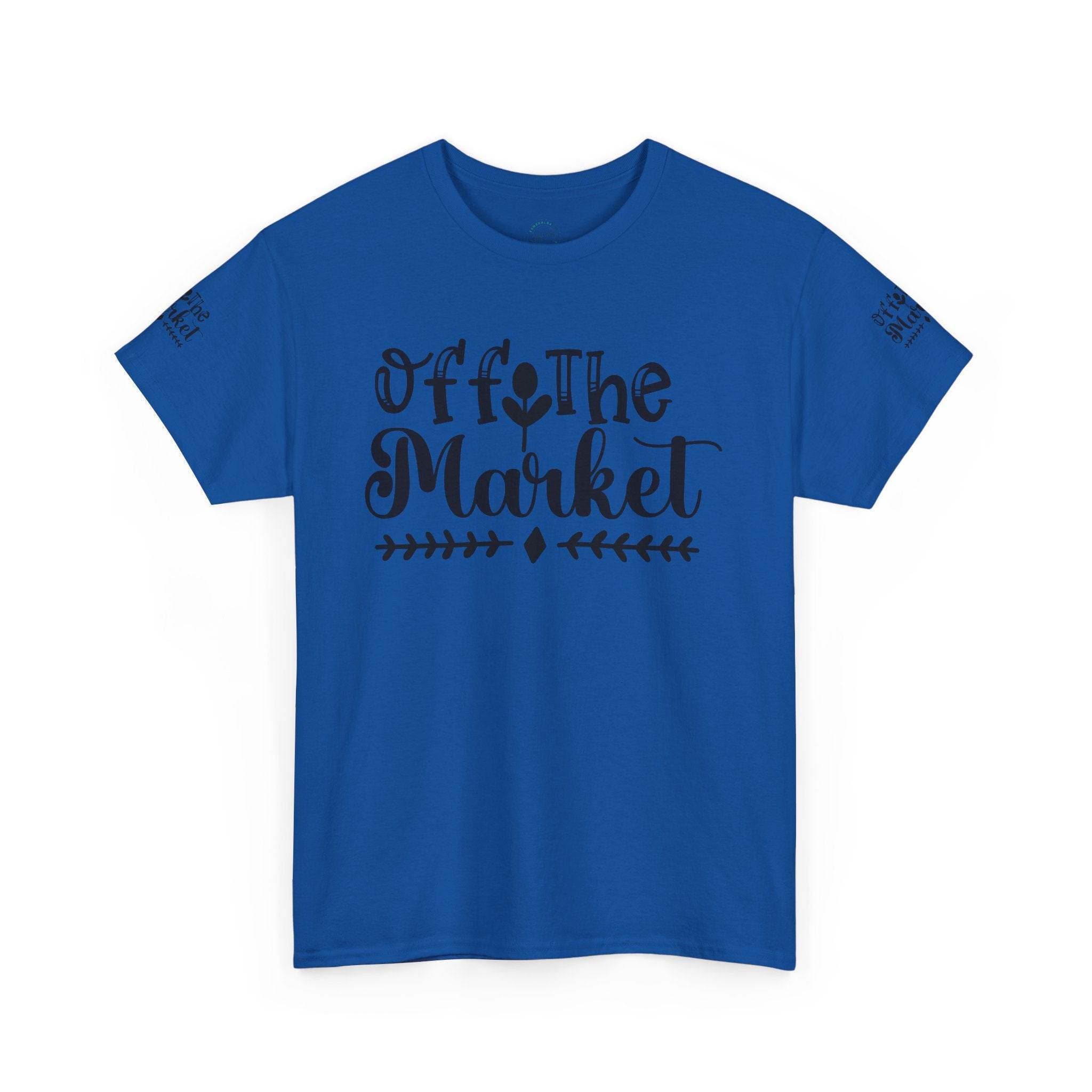Printify blue tee with Off the Market script design in black on chest eco-friendly unisex t-shirt for casual wear