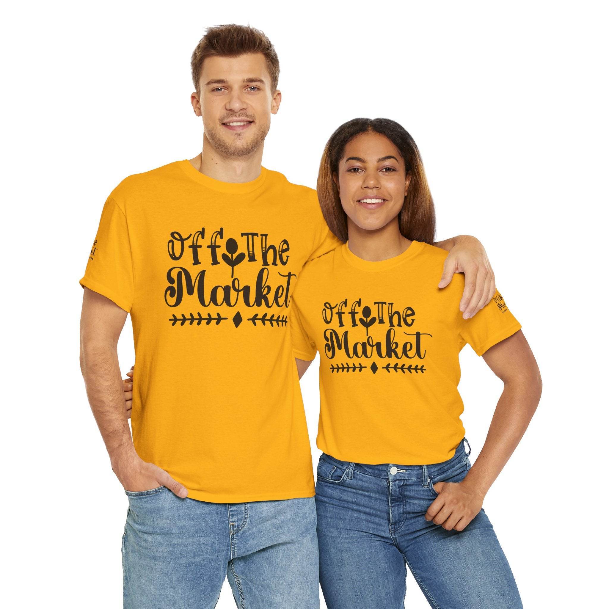 Couple wearing yellow Off The Market graphic eco-friendly unisex t-shirt by Printify casual fit crewneck for everyday wear