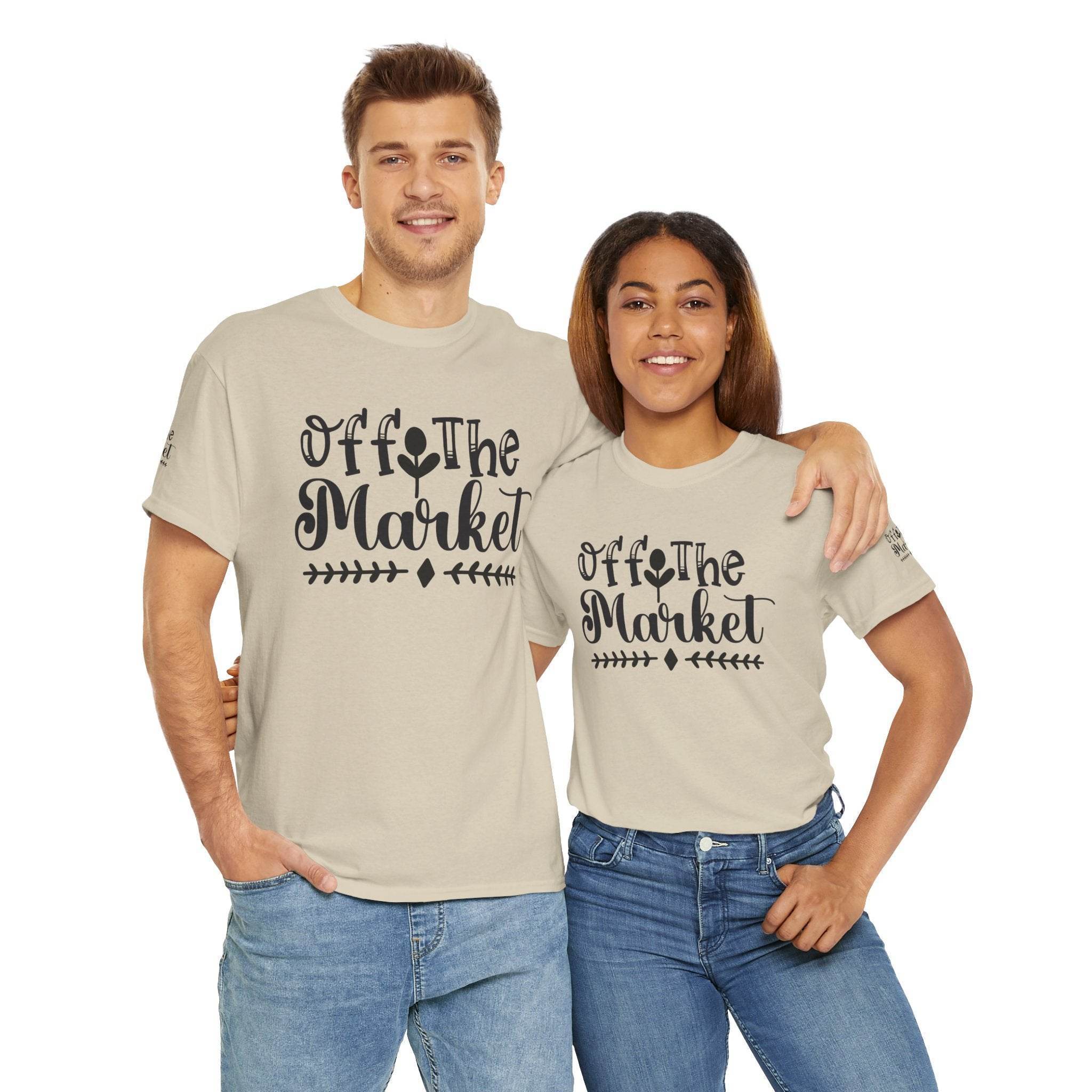 Printify eco-friendly unisex t-shirt beige with Off The Market graphic worn by male and female models