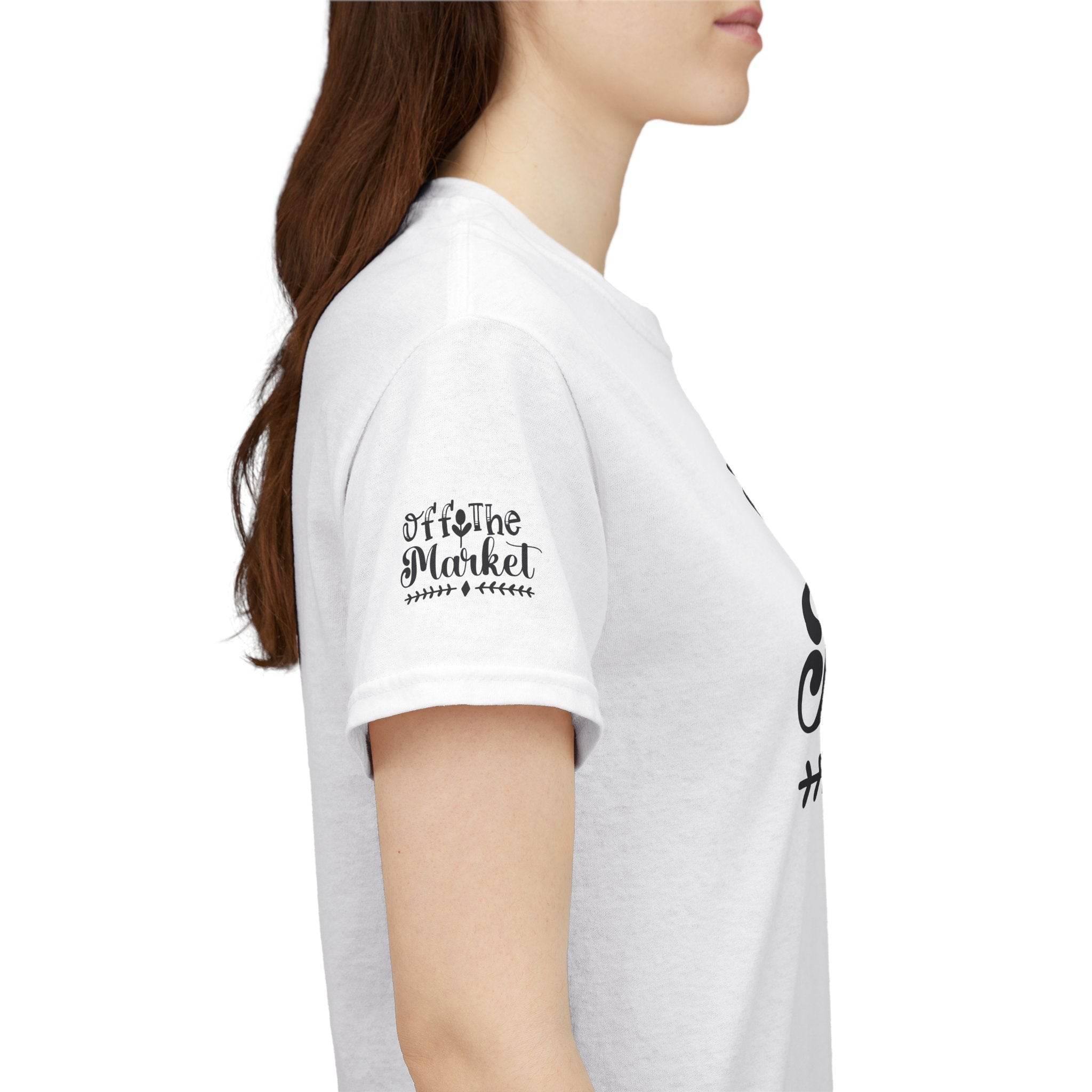 Printify eco-friendly unisex t-shirt white side view on female model showing sleeve logo and classic cotton fit