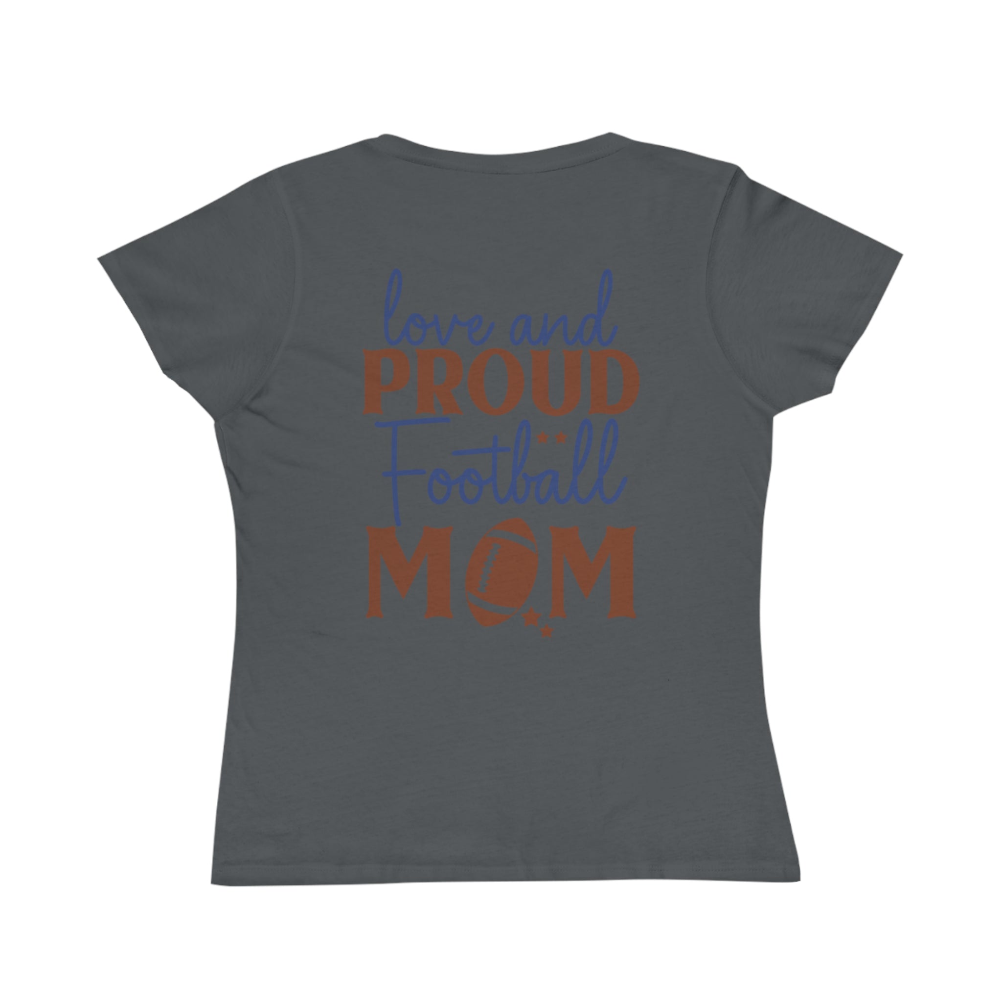 Gray organic football mom t-shirt with love and proud football mom text design by Printify