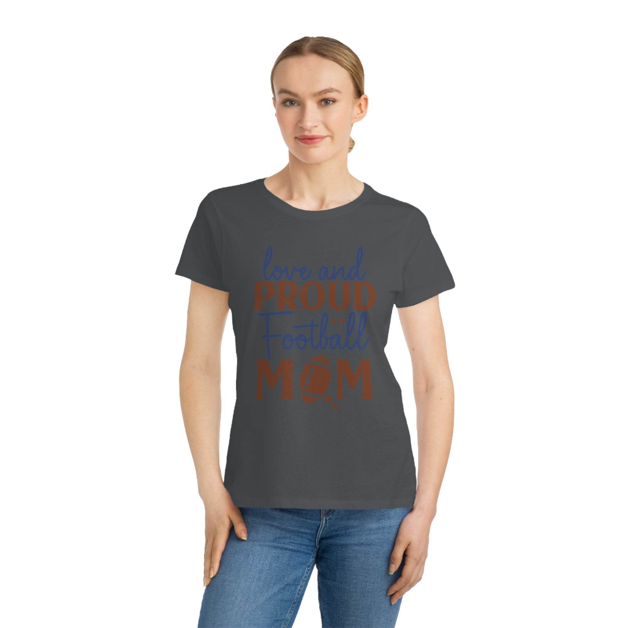 Printify organic football mom t-shirt in dark gray with love and proud football mom text