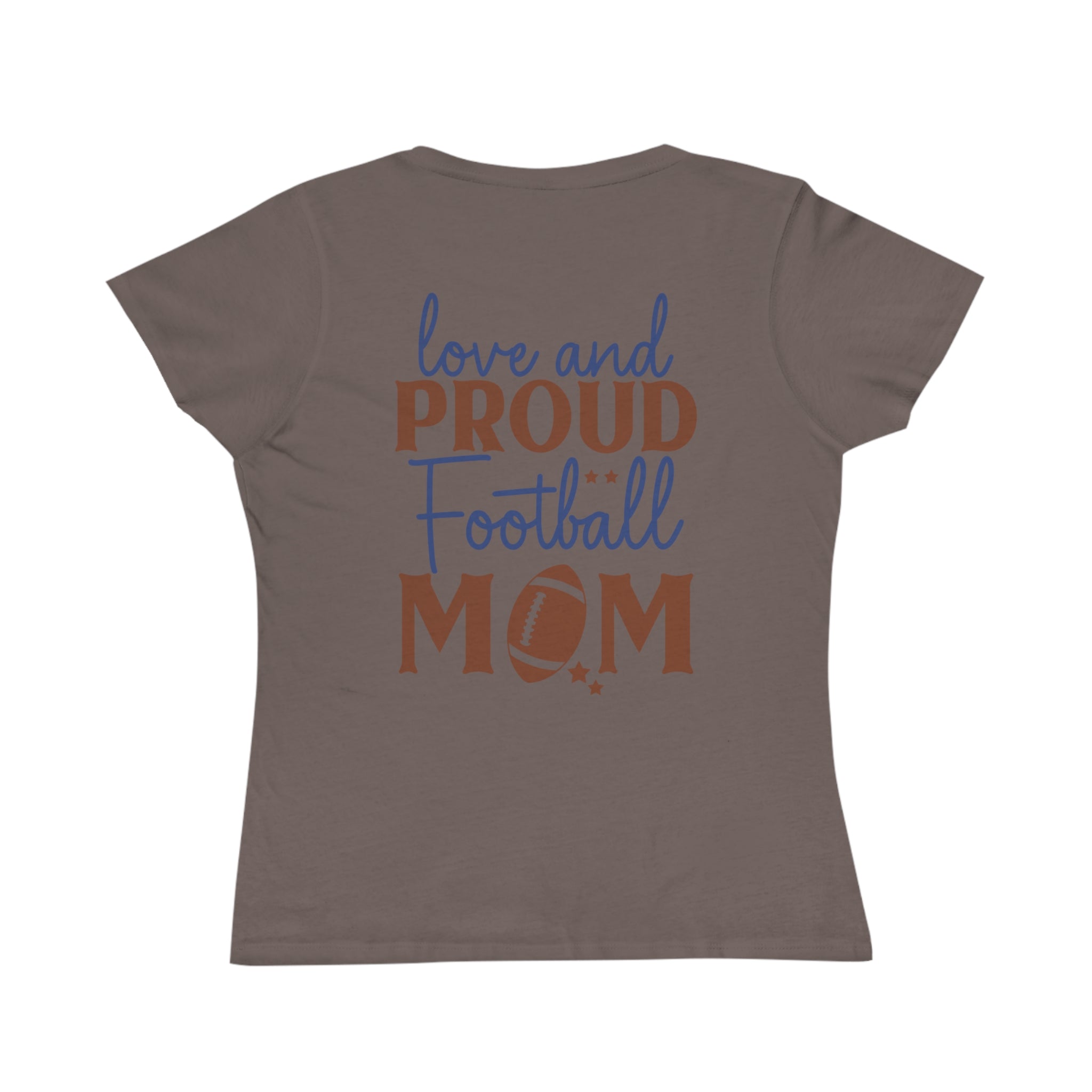 Printify organic football mom t-shirt in brown with love and proud football mom text design