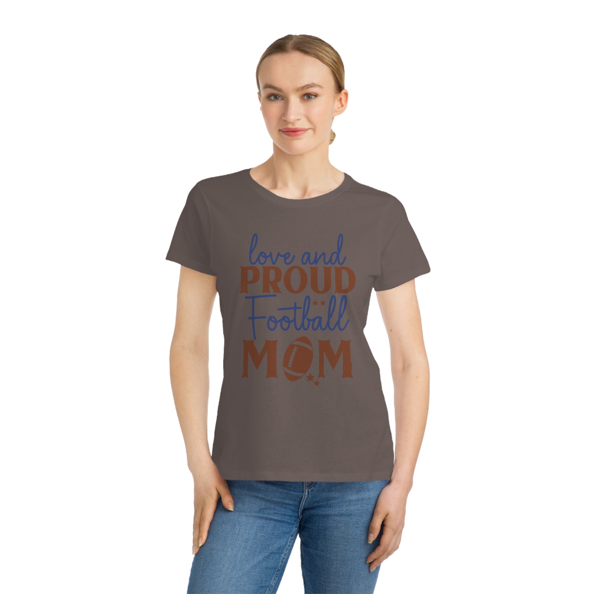 Printify organic football mom t-shirt in brown with love and proud football mom graphic