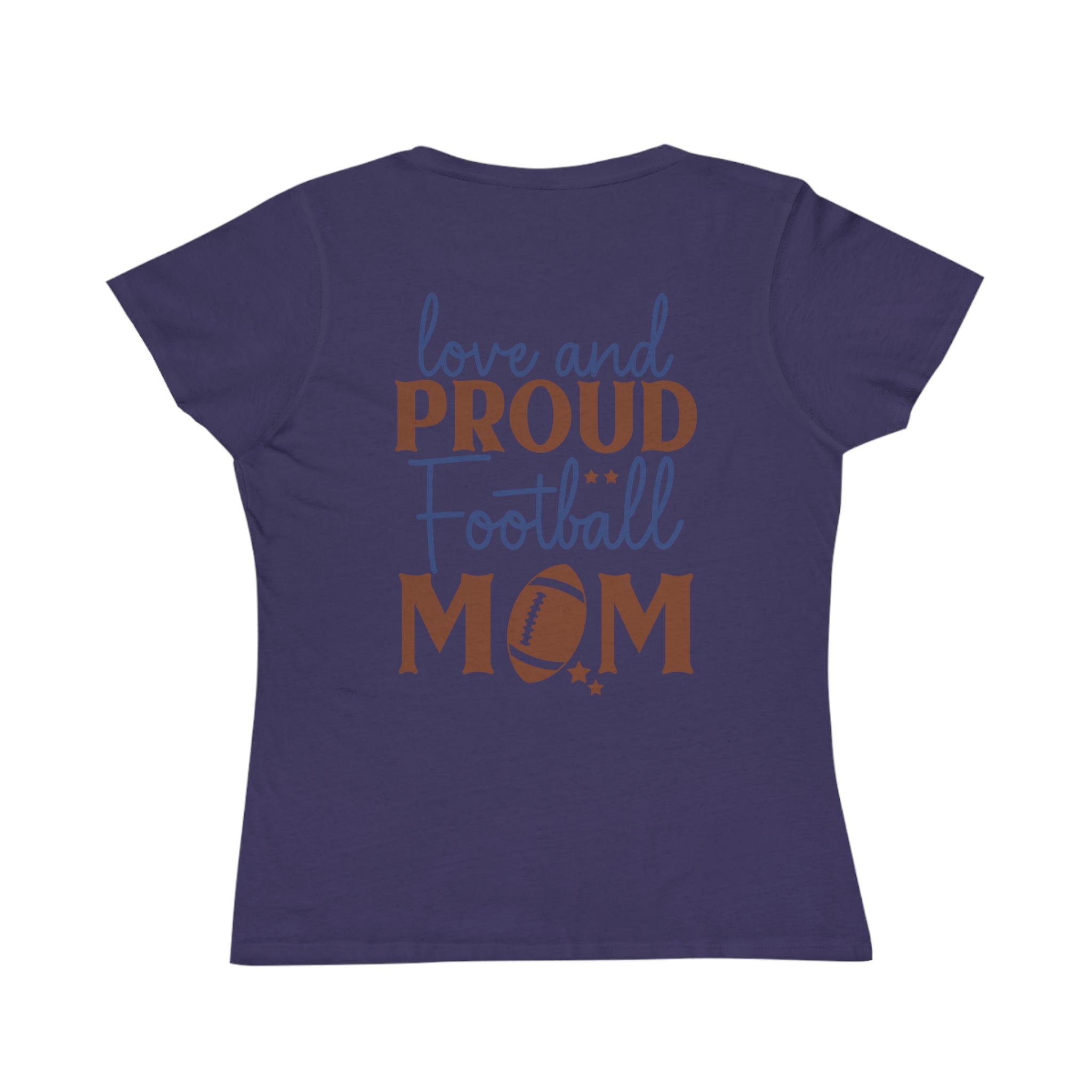 Printify organic football mom t-shirt in navy with love and proud football mom text design