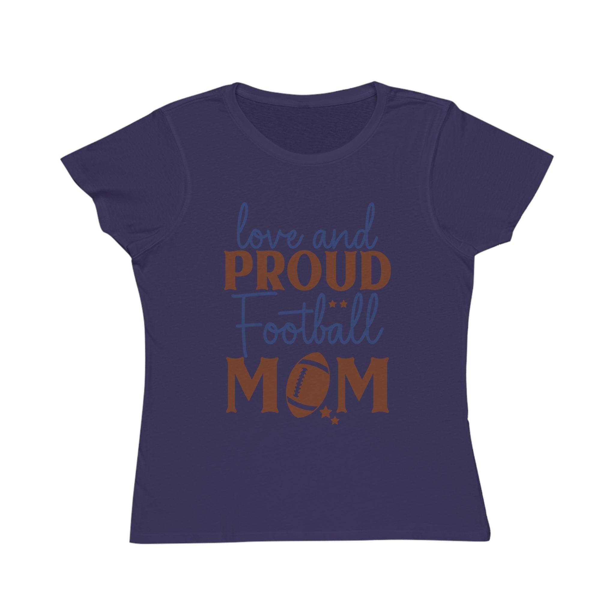 Printify organic football mom t-shirt in navy blue with love and proud football mom design