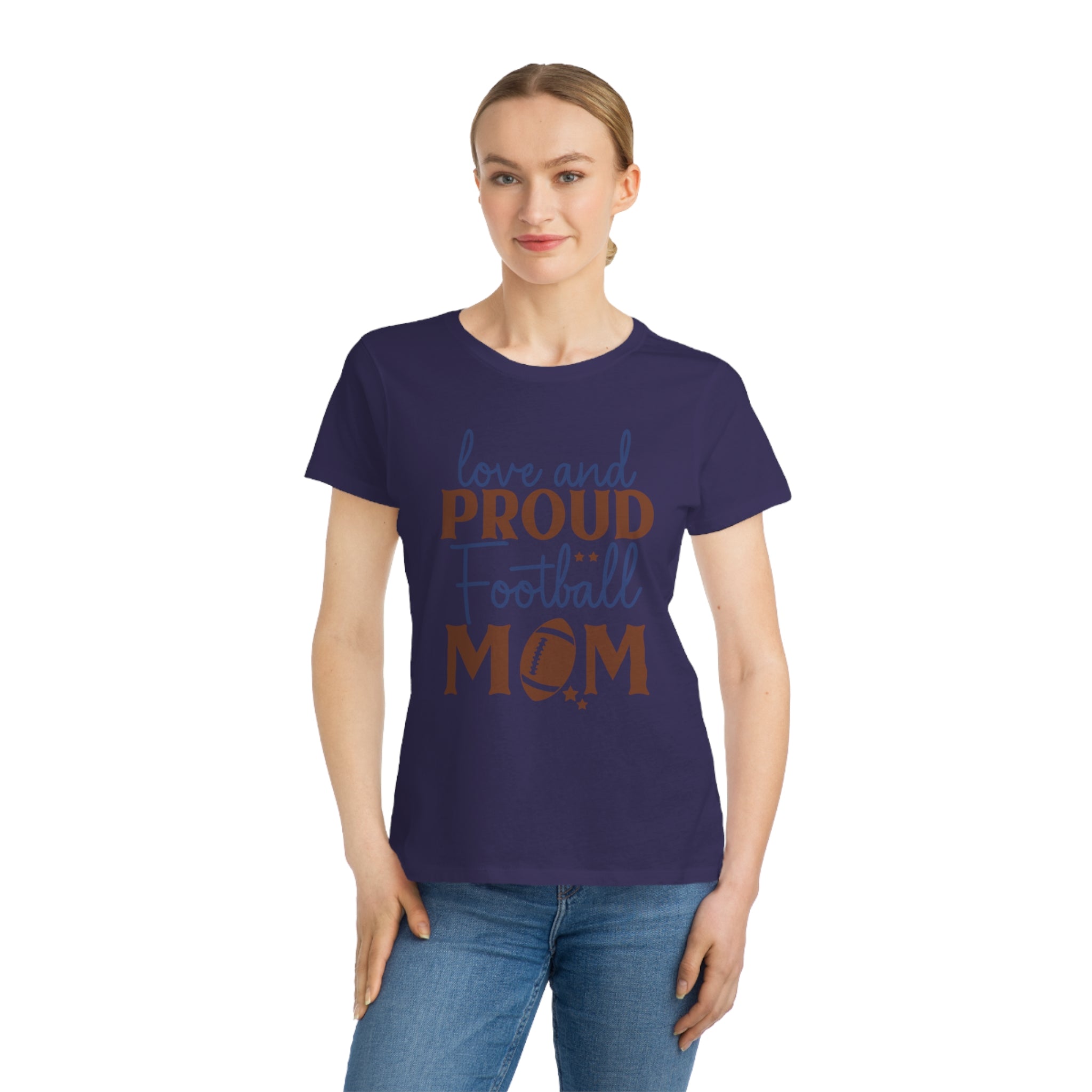 Woman wearing a navy organic football mom t-shirt with love and proud football mom design