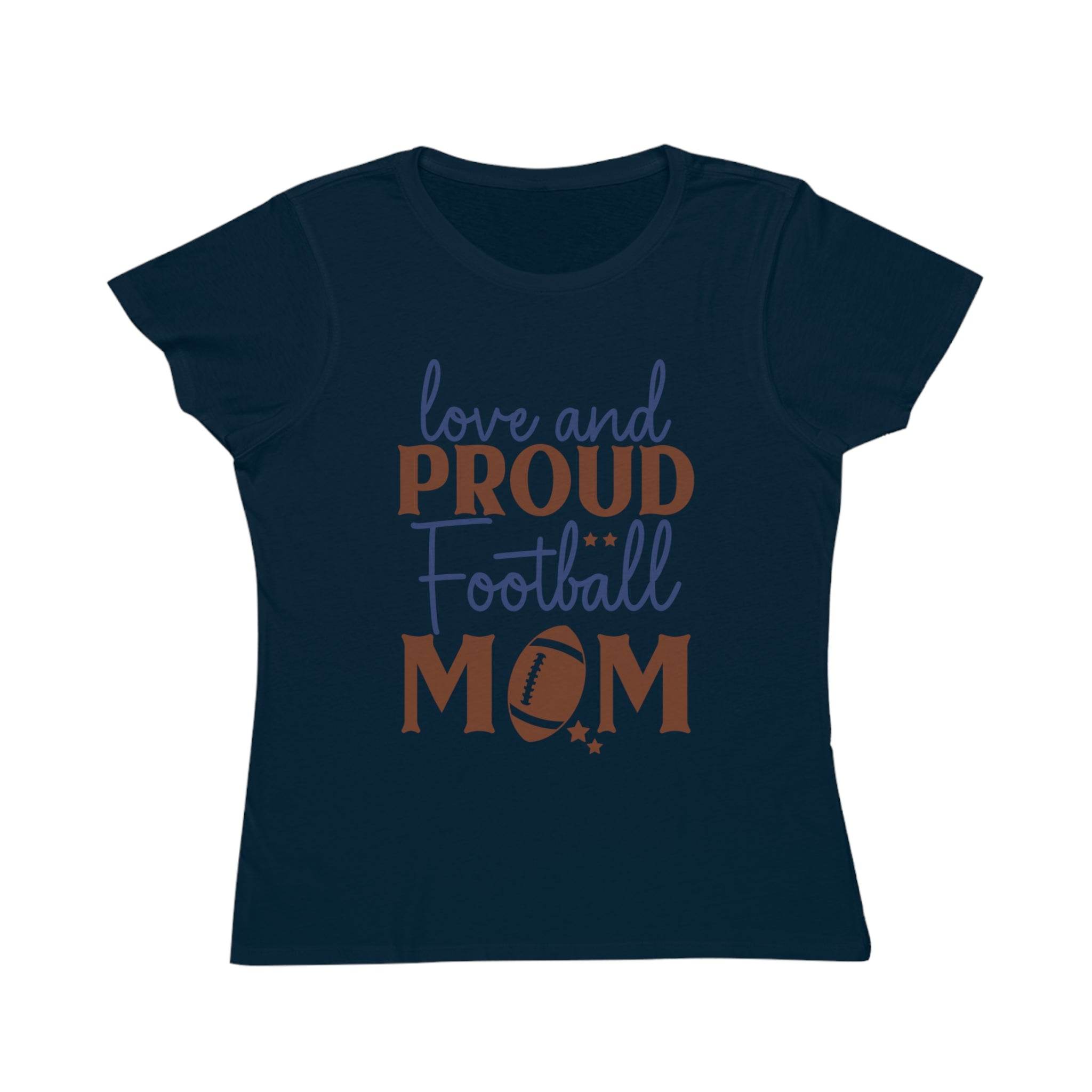 Printify organic football mom t-shirt in navy blue with love and proud football mom text