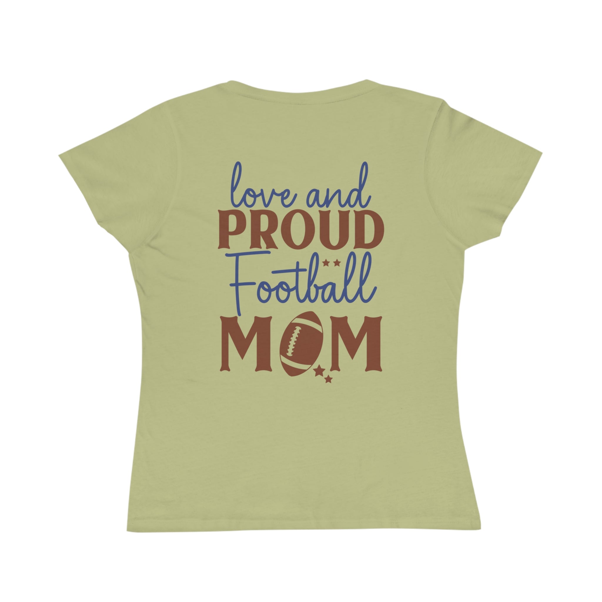 Printify organic football mom t-shirt with love and proud football mom text in blue and brown