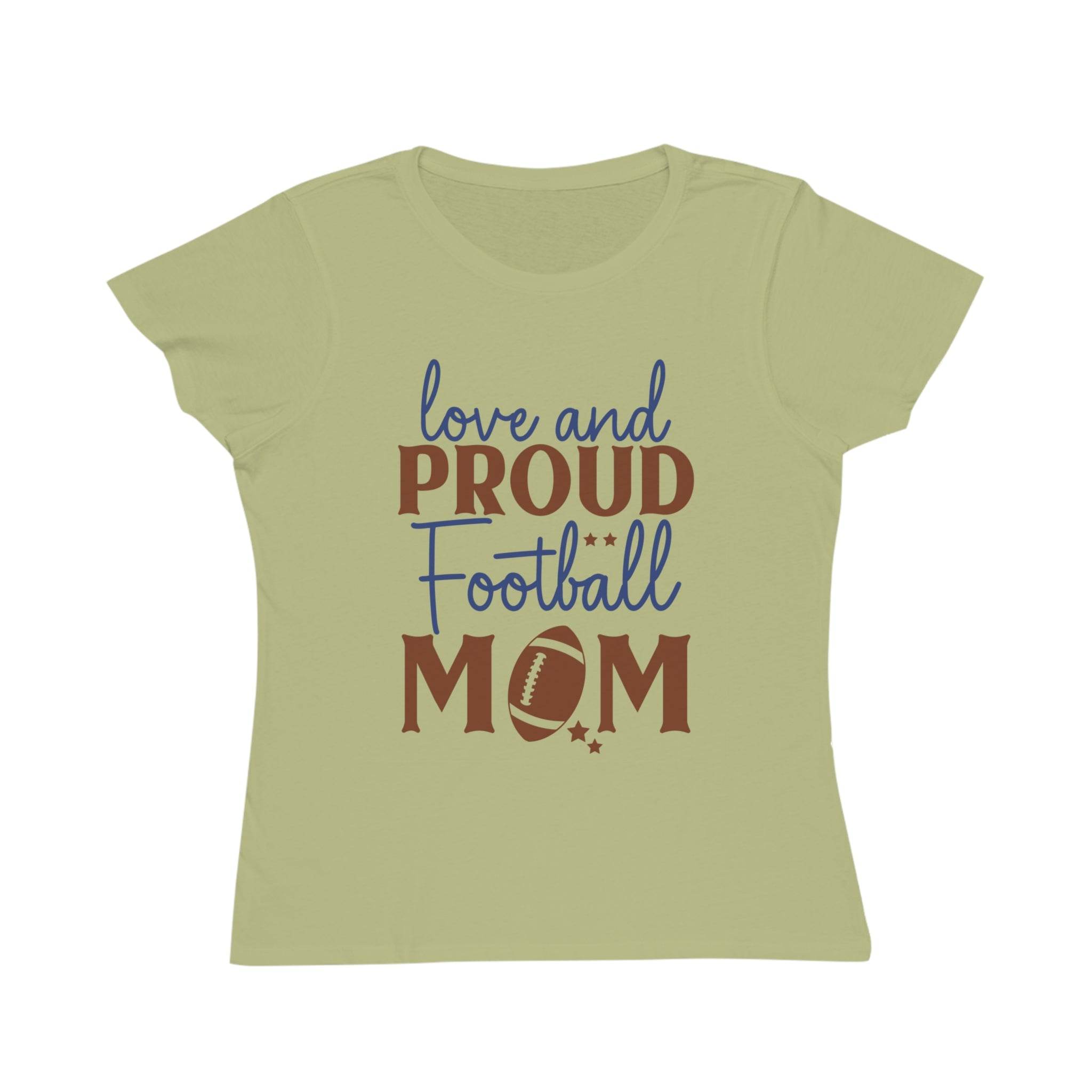 Printify organic football mom t-shirt in light green with love and proud football mom text and football graphic
