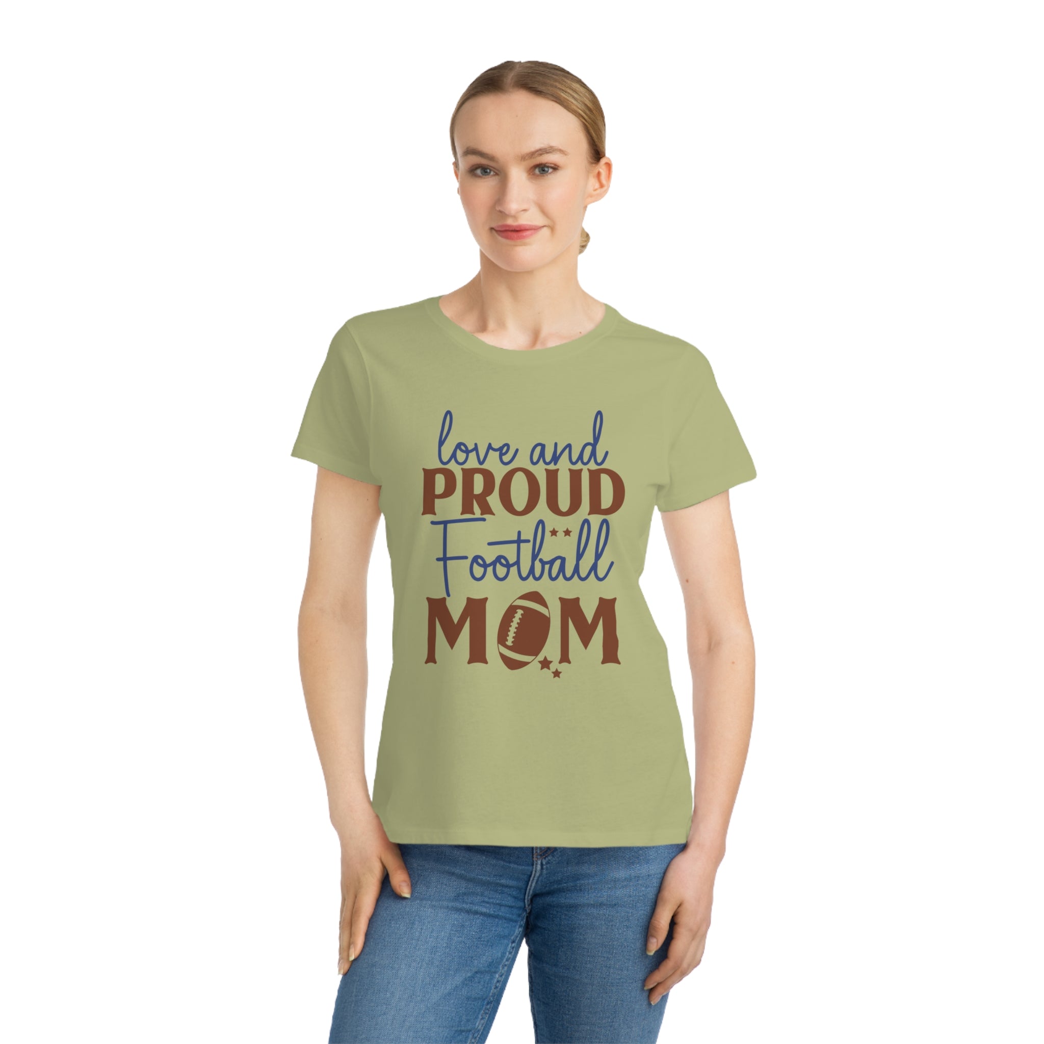 Printify organic football mom t-shirt worn by woman with love and proud football mom design