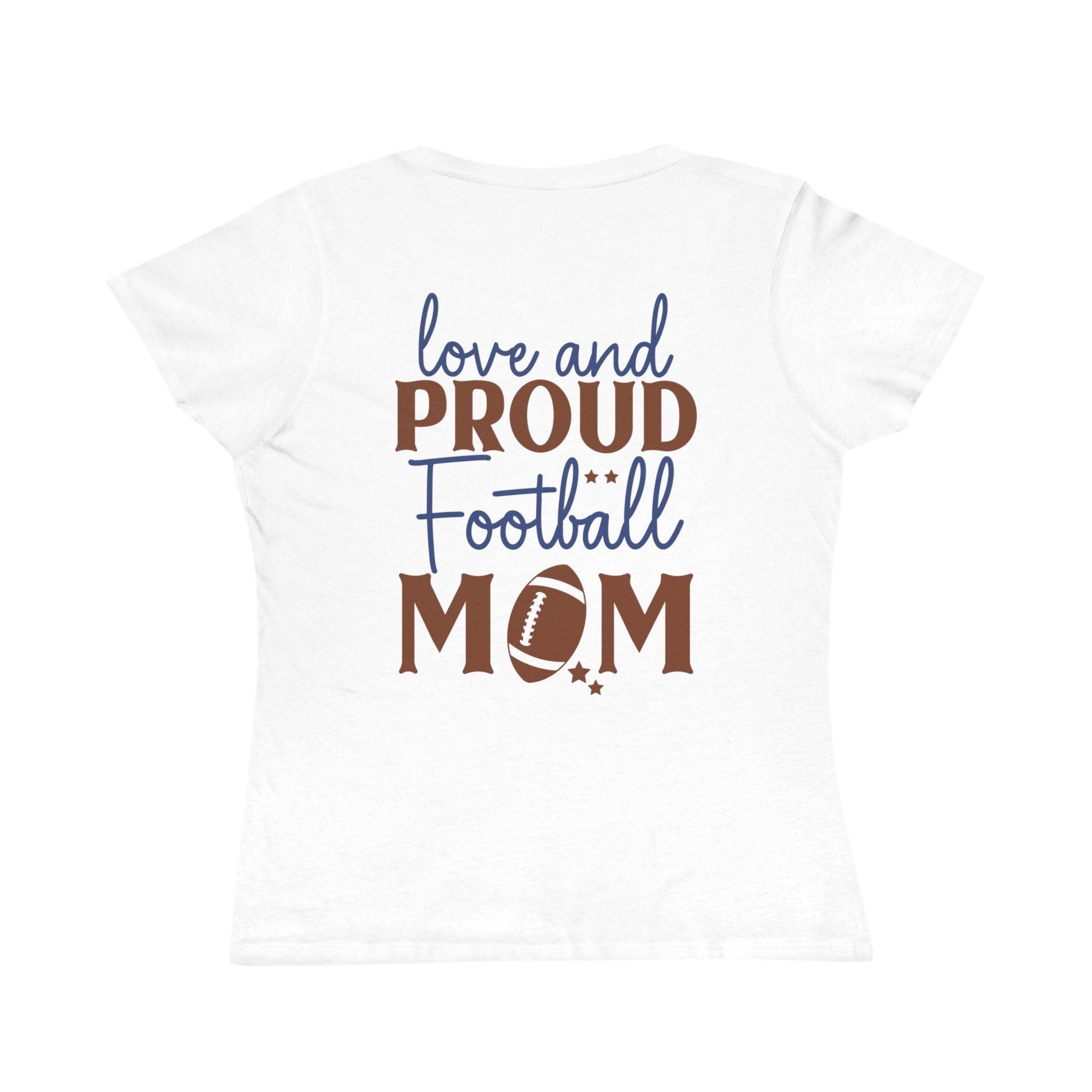 White organic football mom t-shirt with love and proud football mom text and football graphic