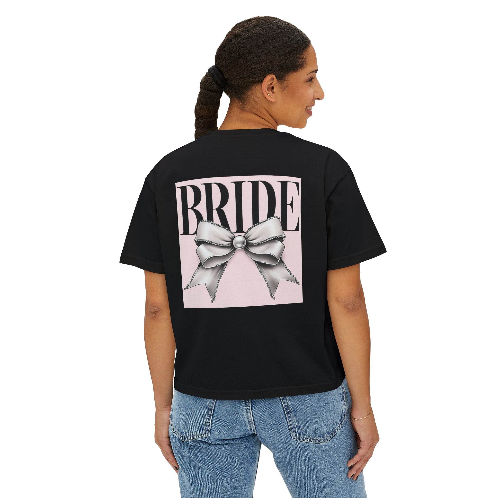 Printify eco-friendly bridal t-shirt black cropped style showing back print BRIDE in pink square with silver bow graphic
