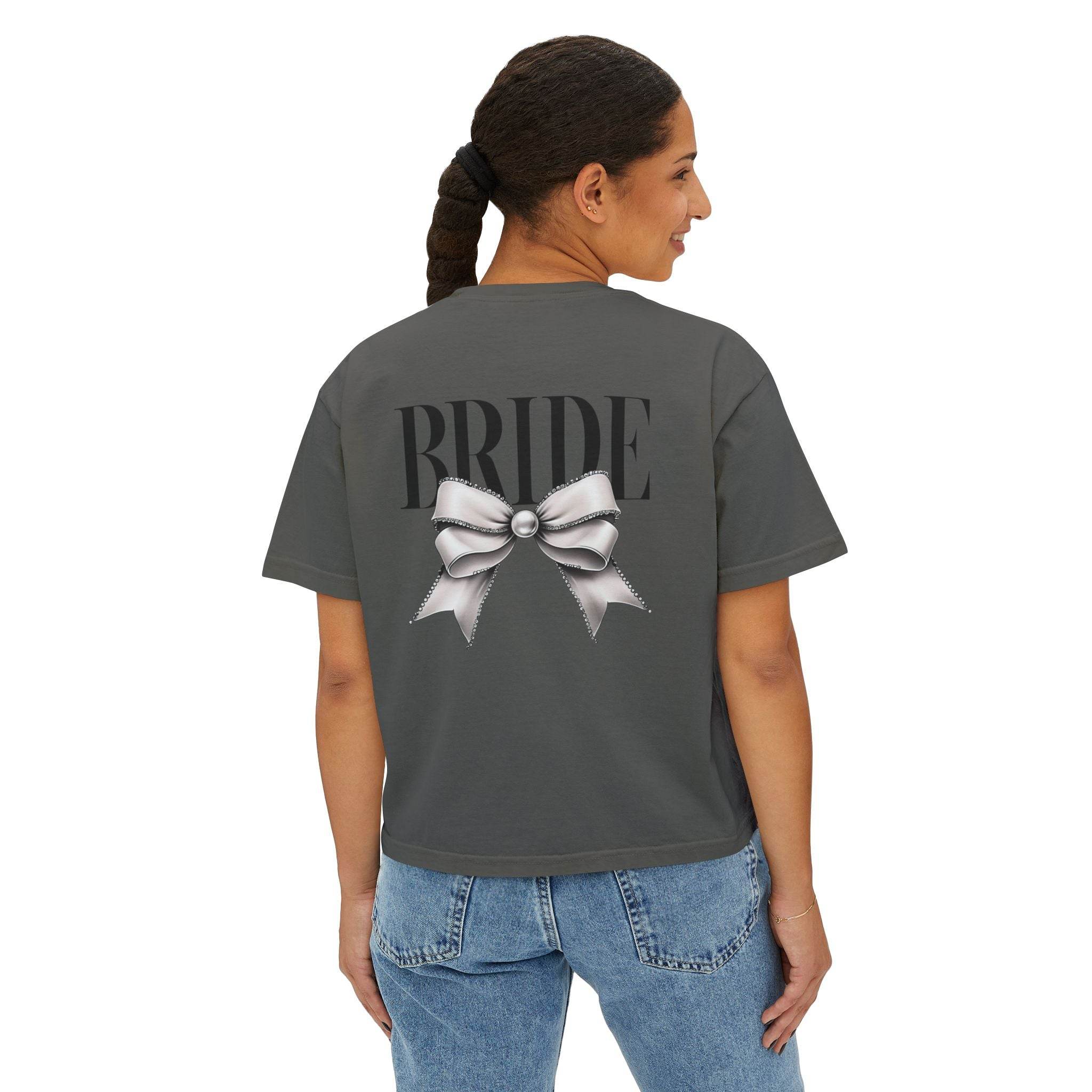 Printify eco-friendly bridal t-shirt dark gray cropped tee with large BRIDE text and silver bow on back