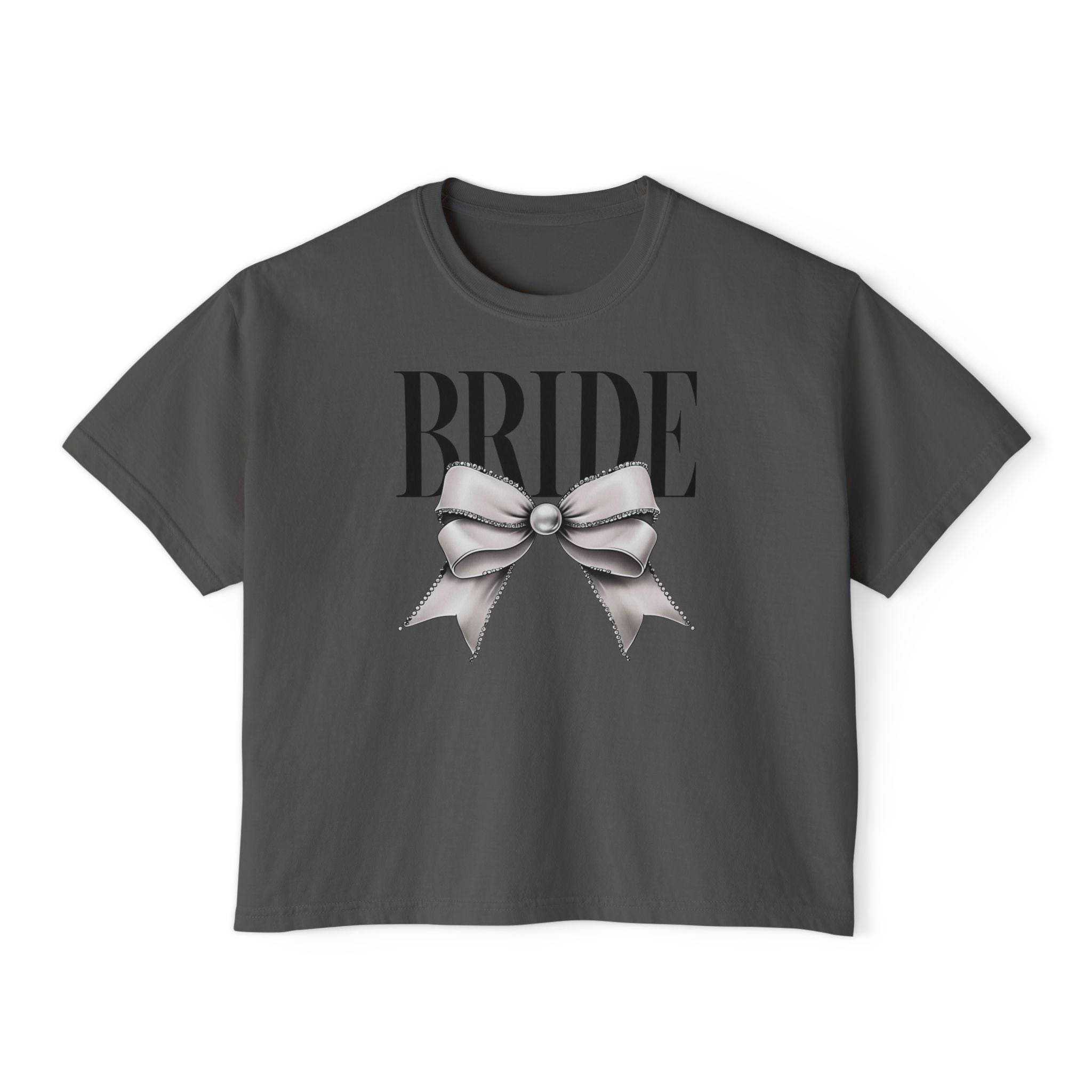Printify eco-friendly bridal t-shirt dark gray cropped tee with BRIDE text and silver bow graphic