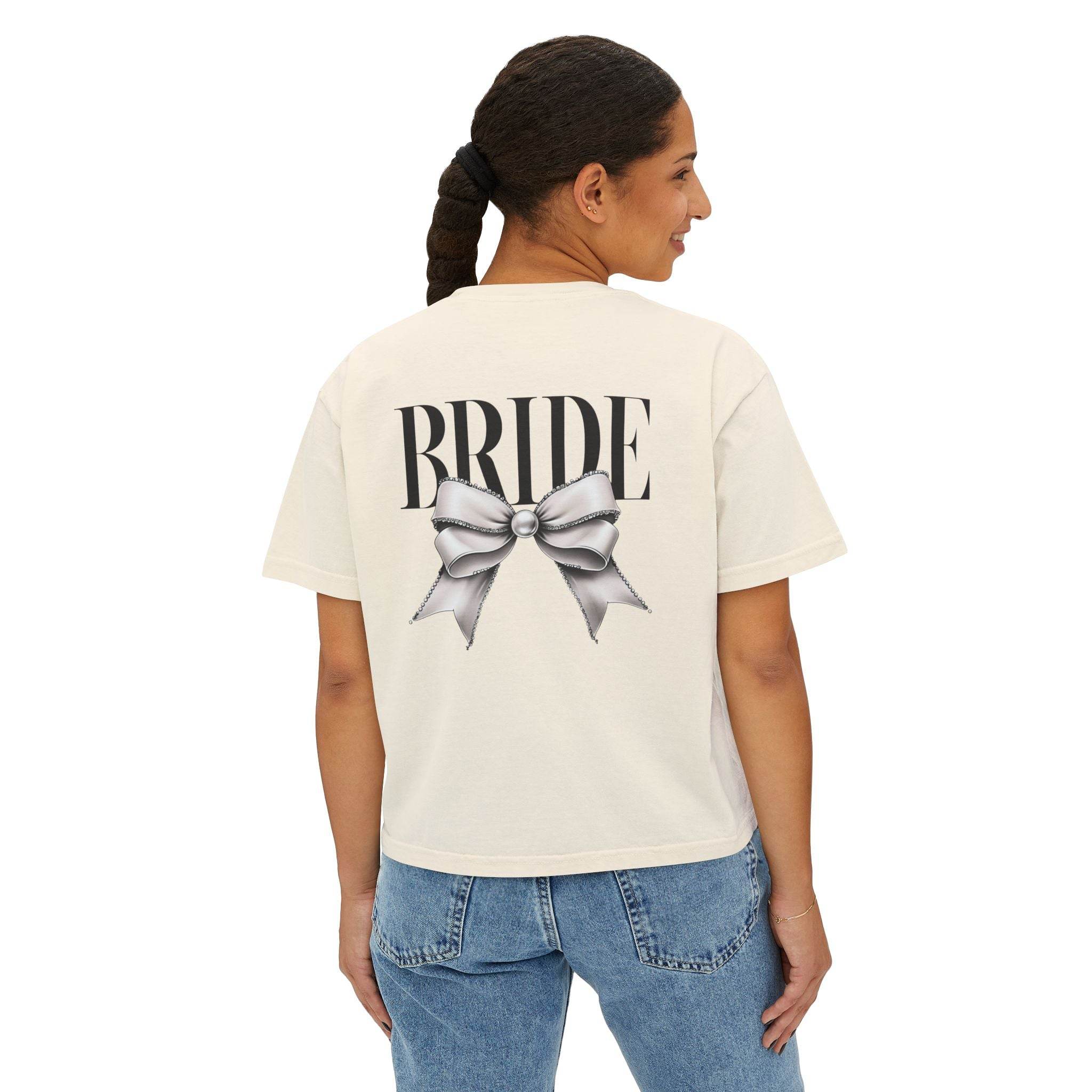 Printify eco-friendly bridal t-shirt ivory tee with large BRIDE text and silver bow on back