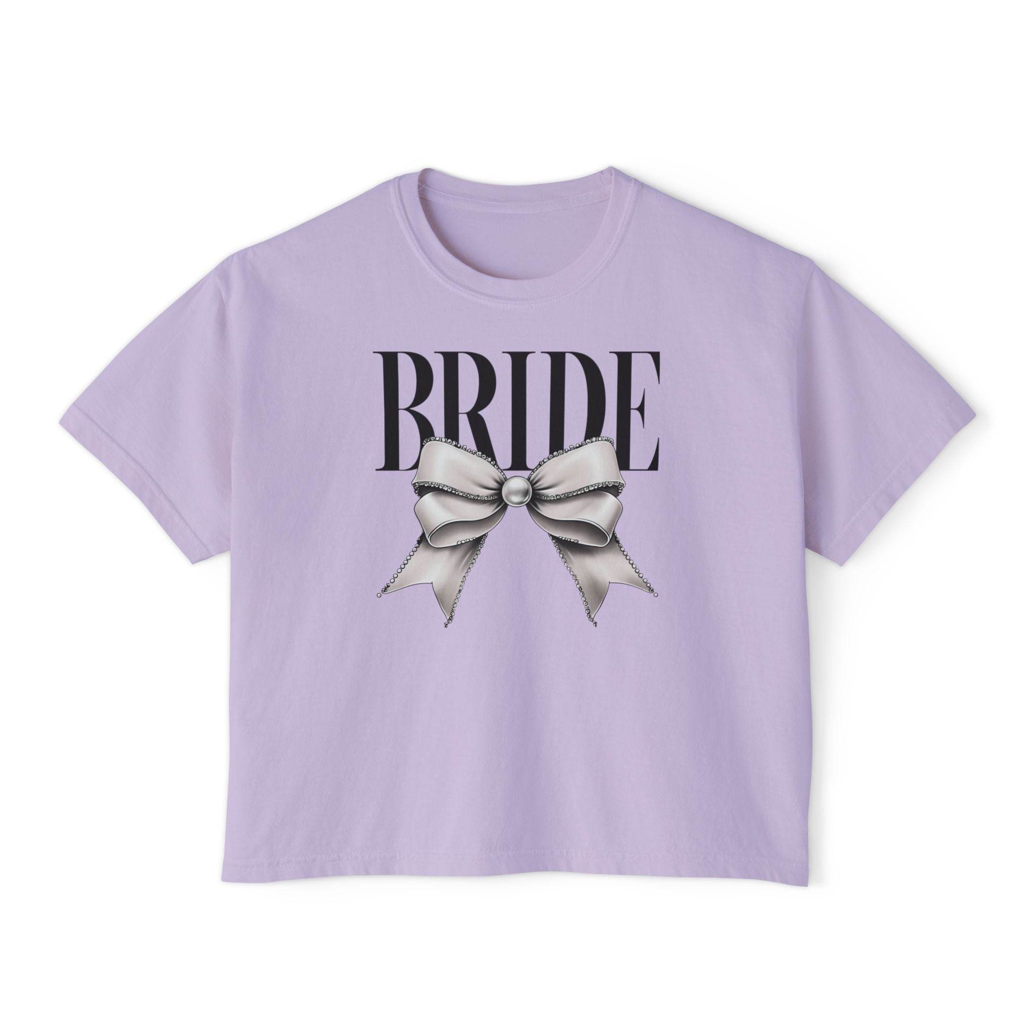 Printify lilac cropped t shirt with BRIDE text and metallic silver bow graphic eco-friendly bridal t-shirt