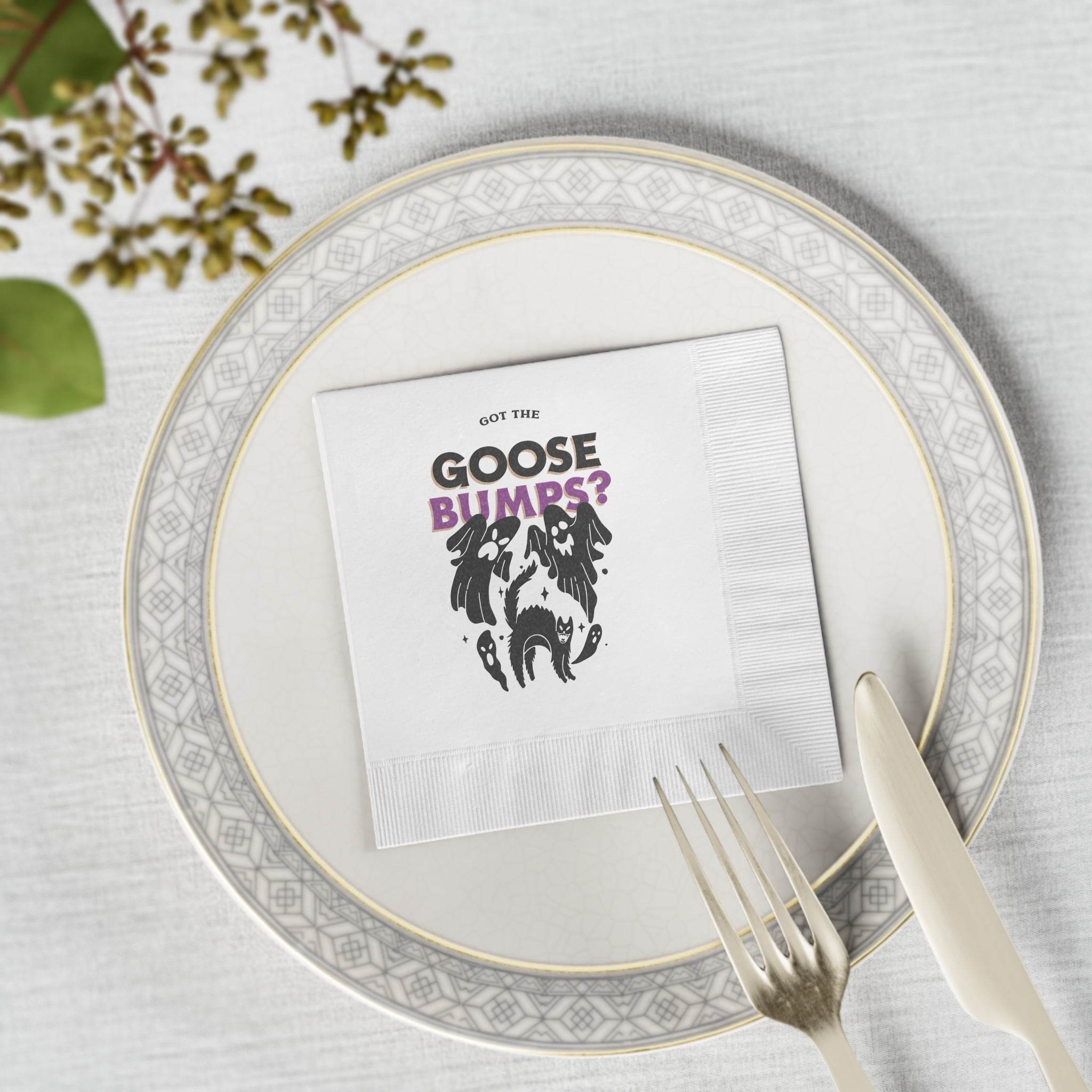 Printify eco-friendly Halloween napkins white napkin on china plate with black and purple spooky goosebumps design