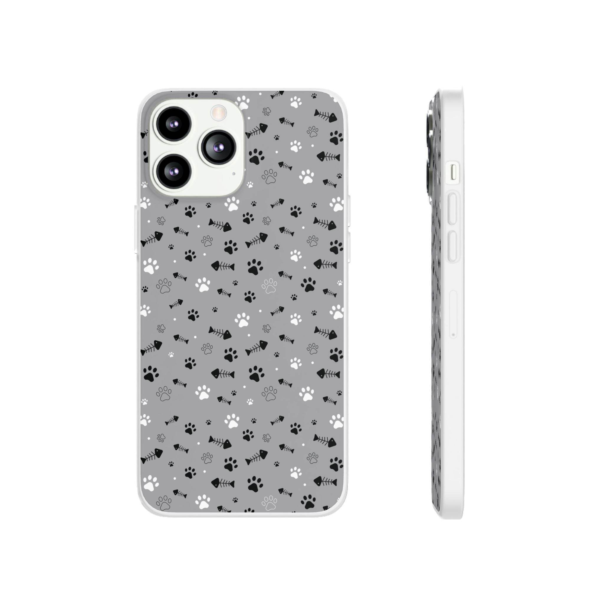 Printify paw print flexible phone case with black and white paw patterns on gray background for smartphone protection