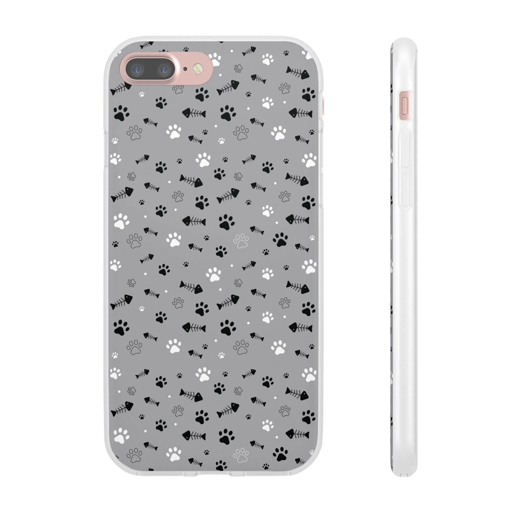 Printify paw print flexible phone case with black and white paw prints and fishbone patterns on gray background