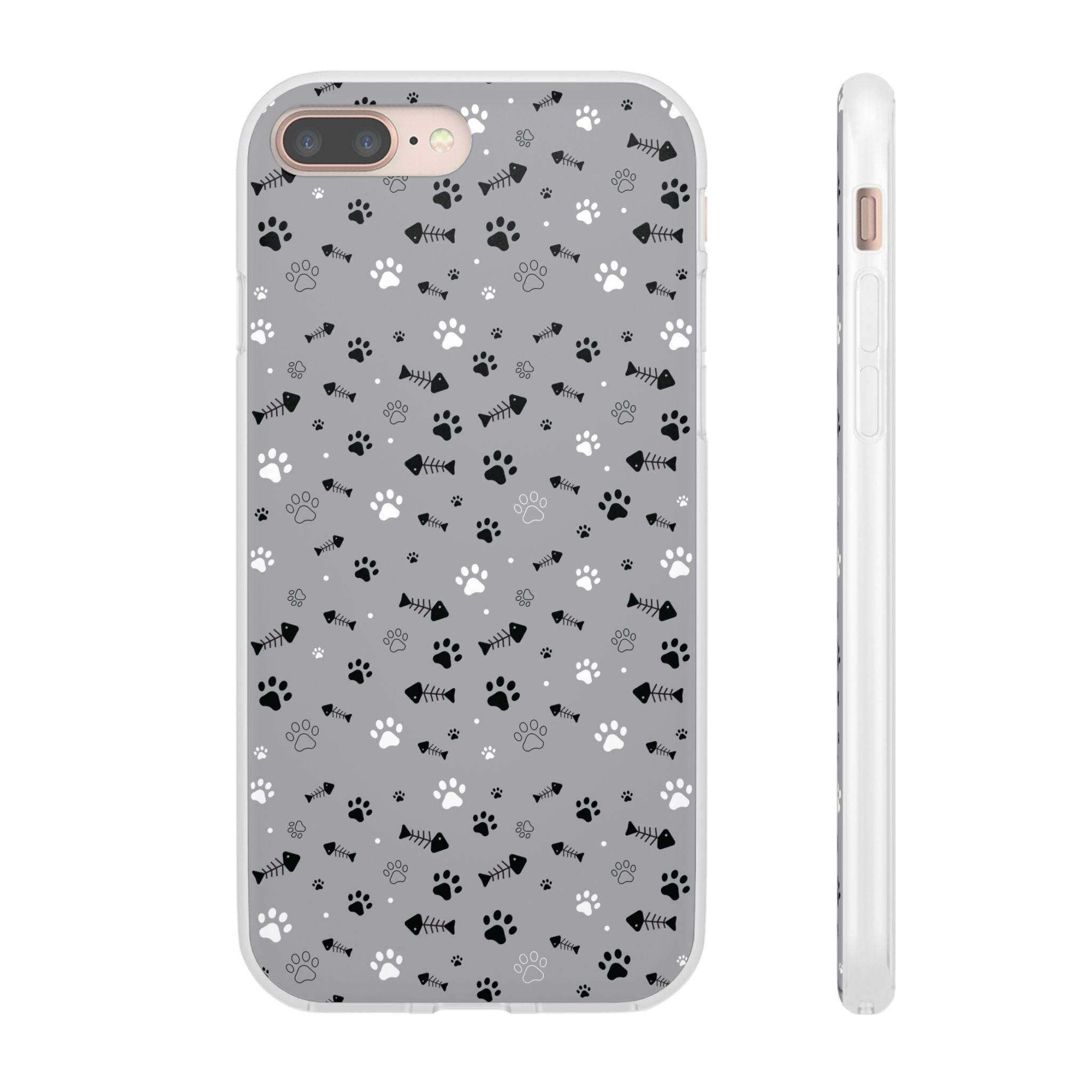 Printify paw print flexible phone case in gray with black and white paw and fishbone pattern