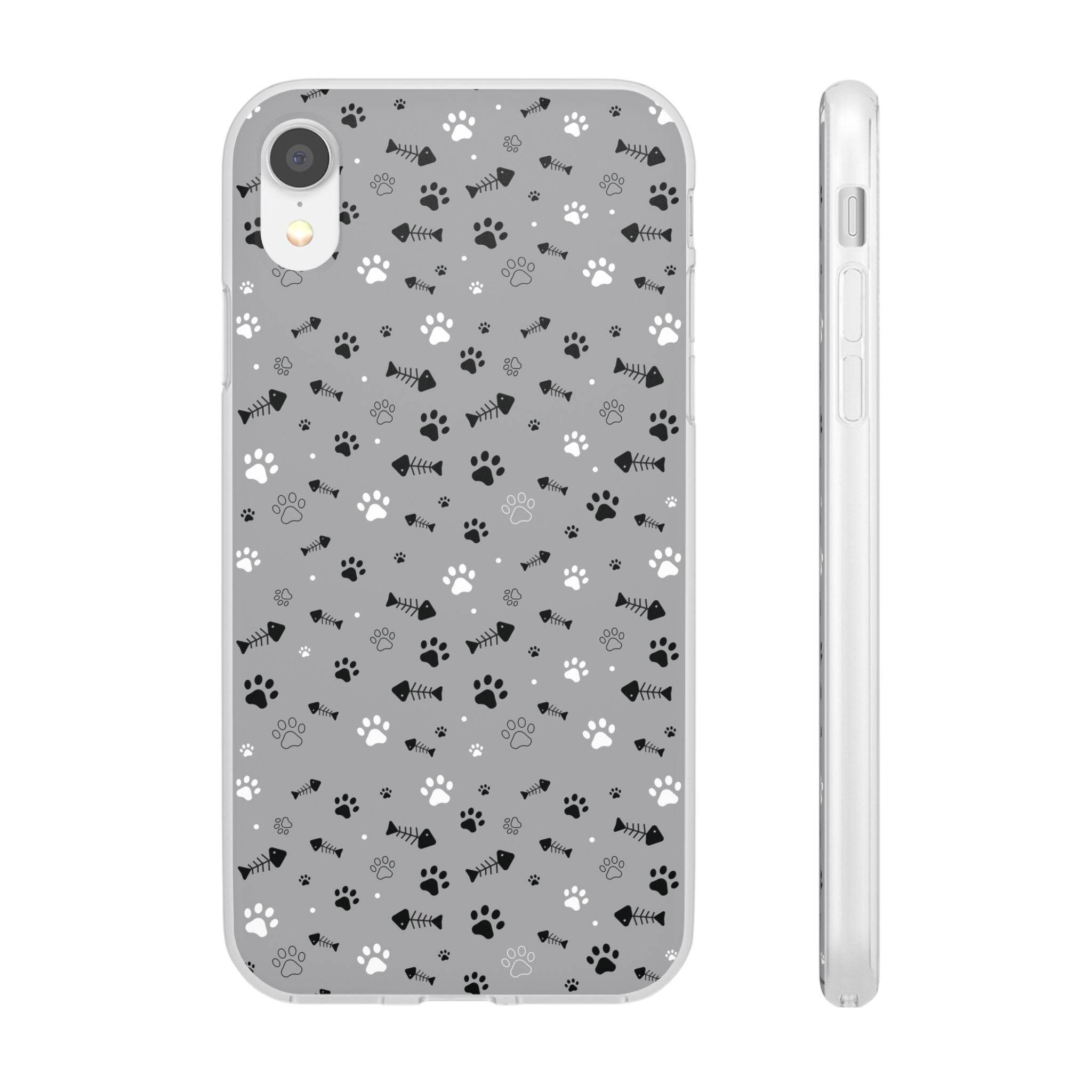 Printify paw print flexible phone case with black and white paw and fishbone patterns on gray background