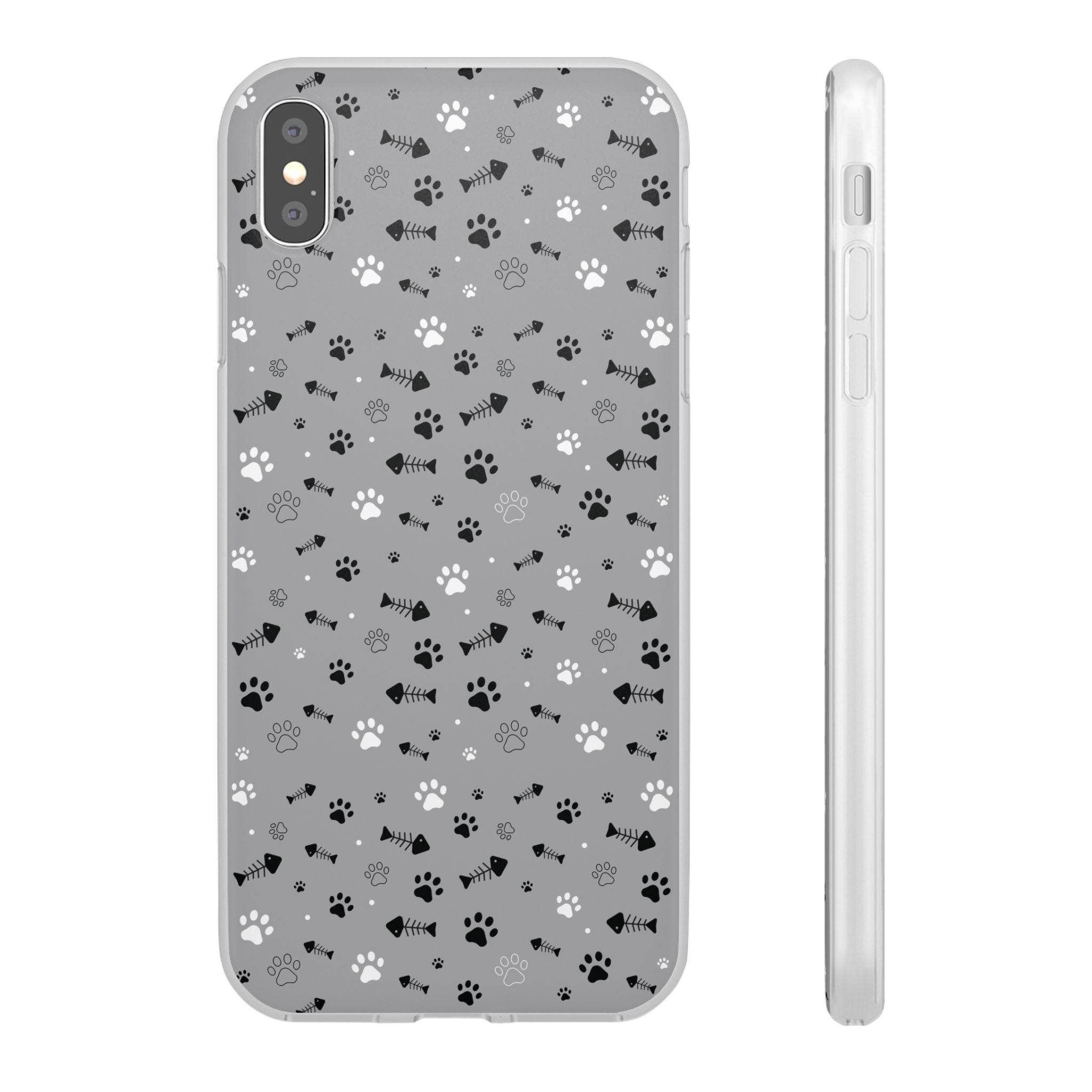 Printify gray paw print flexible phone case with black and white paw and fish bone patterns