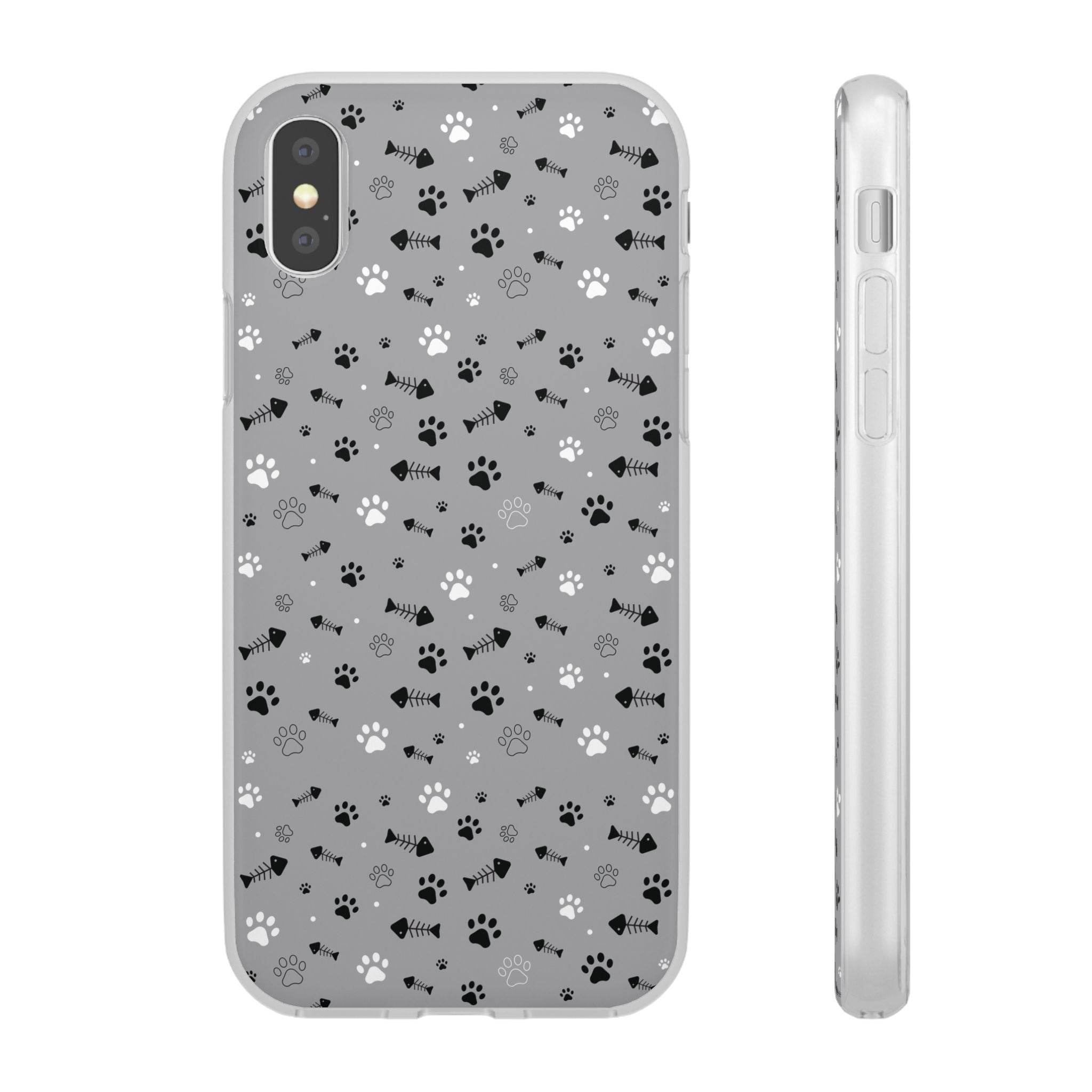Printify paw print flexible phone case in gray with black and white paw and fish bone patterns for pet lovers
